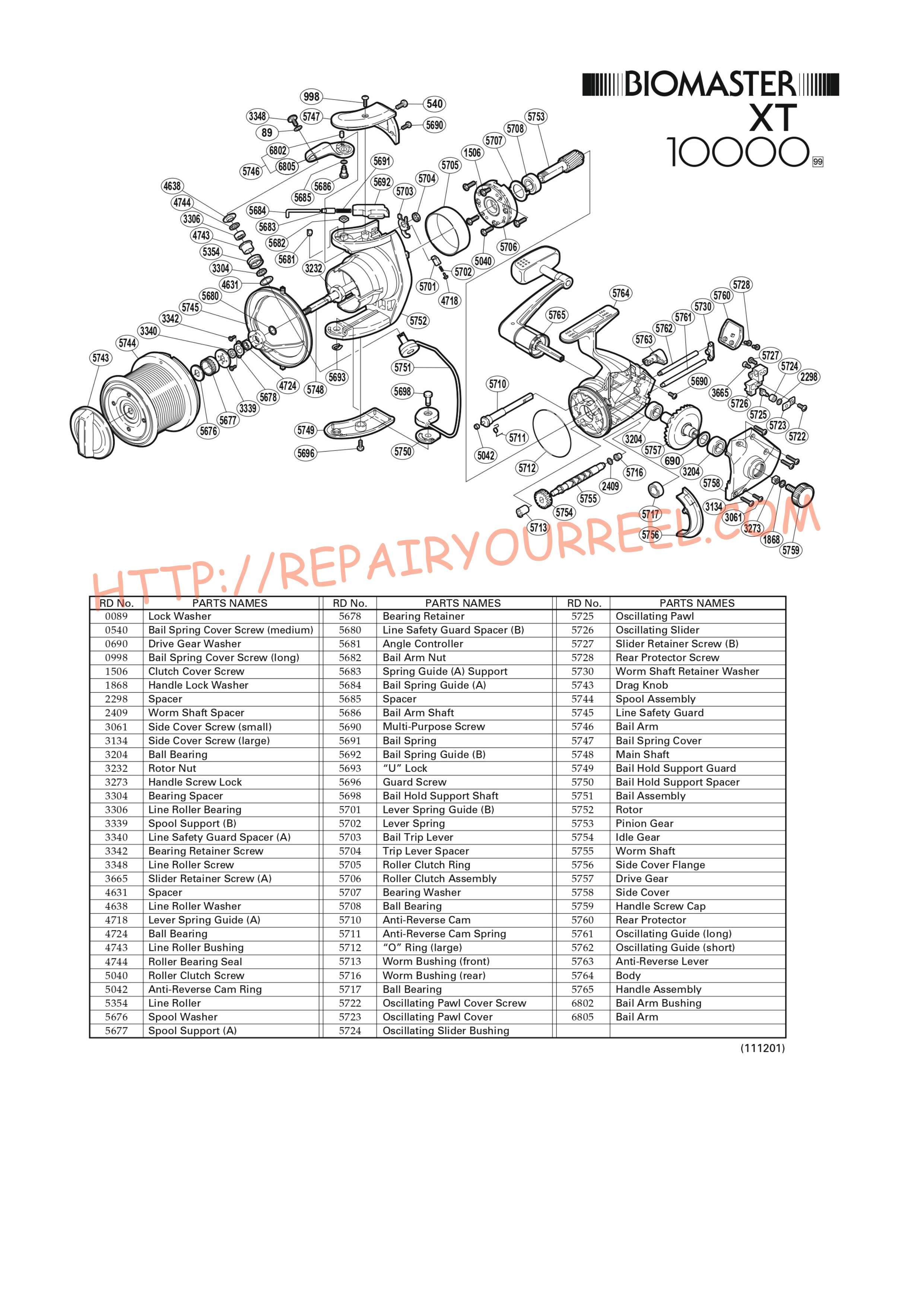 Exploded view of Shimano BIOMASTER 10000XT (1999)