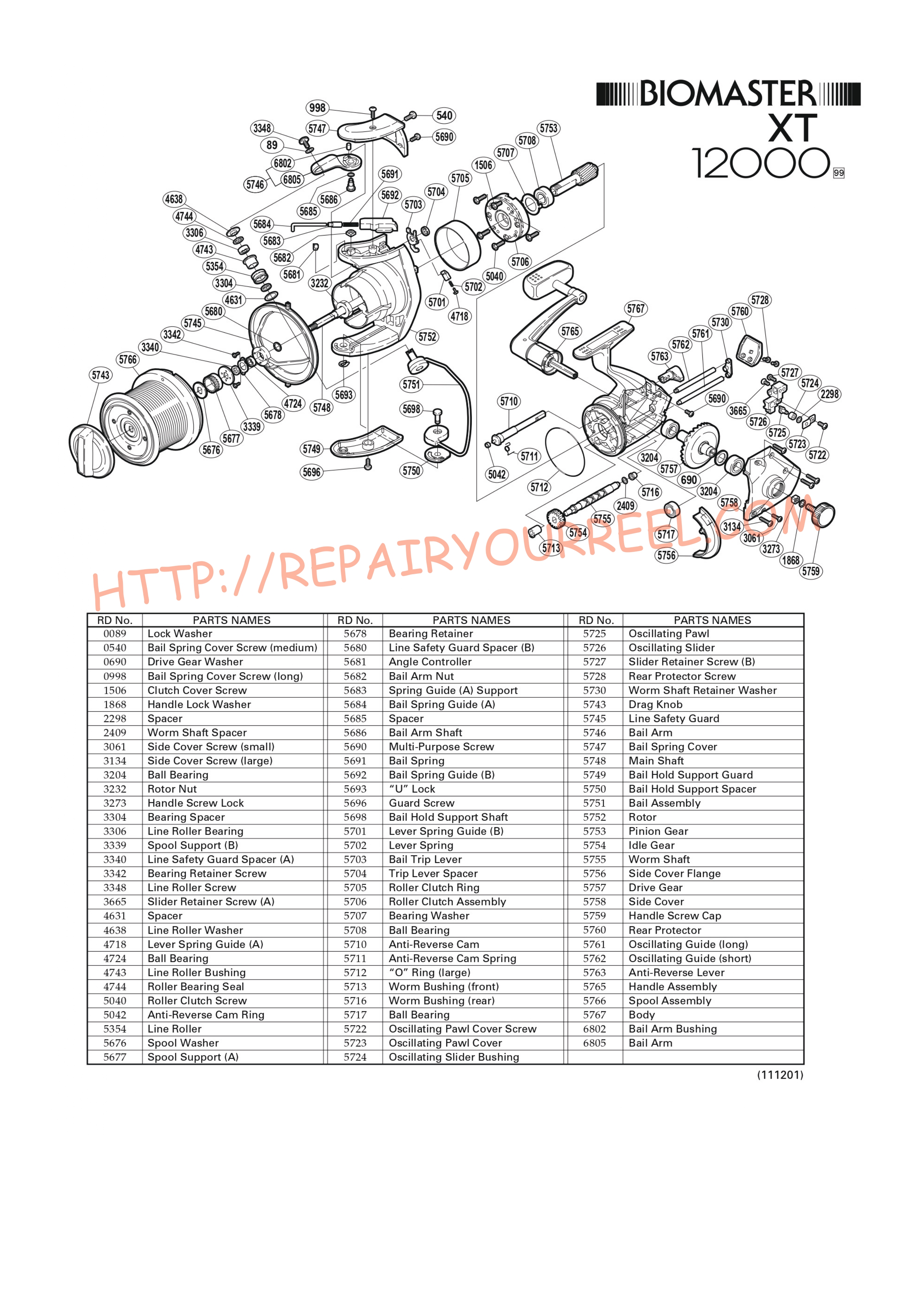 Exploded view of Shimano BIOMASTER 12000XT (1999)