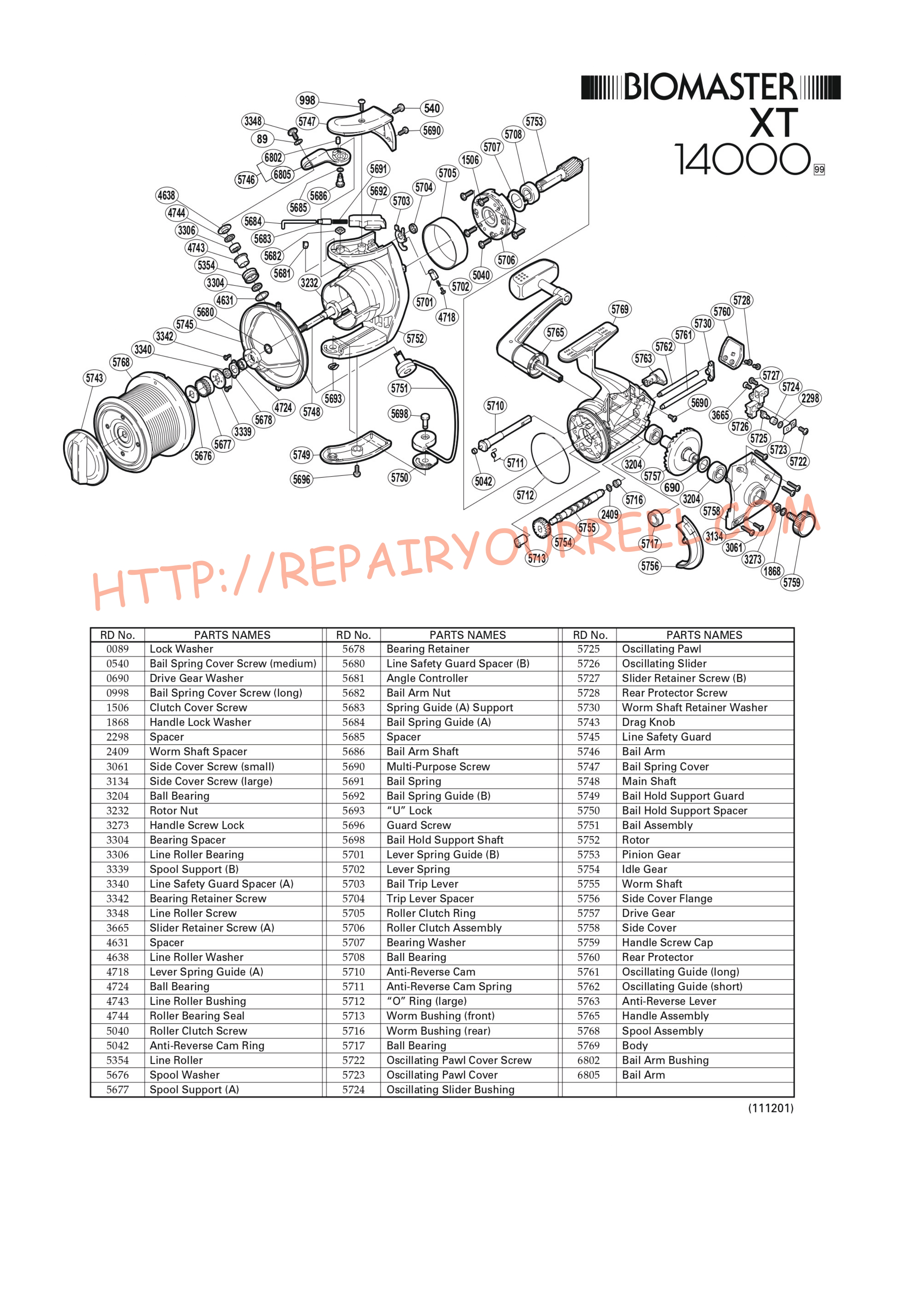 Exploded view of Shimano BIOMASTER 14000XT (1999)