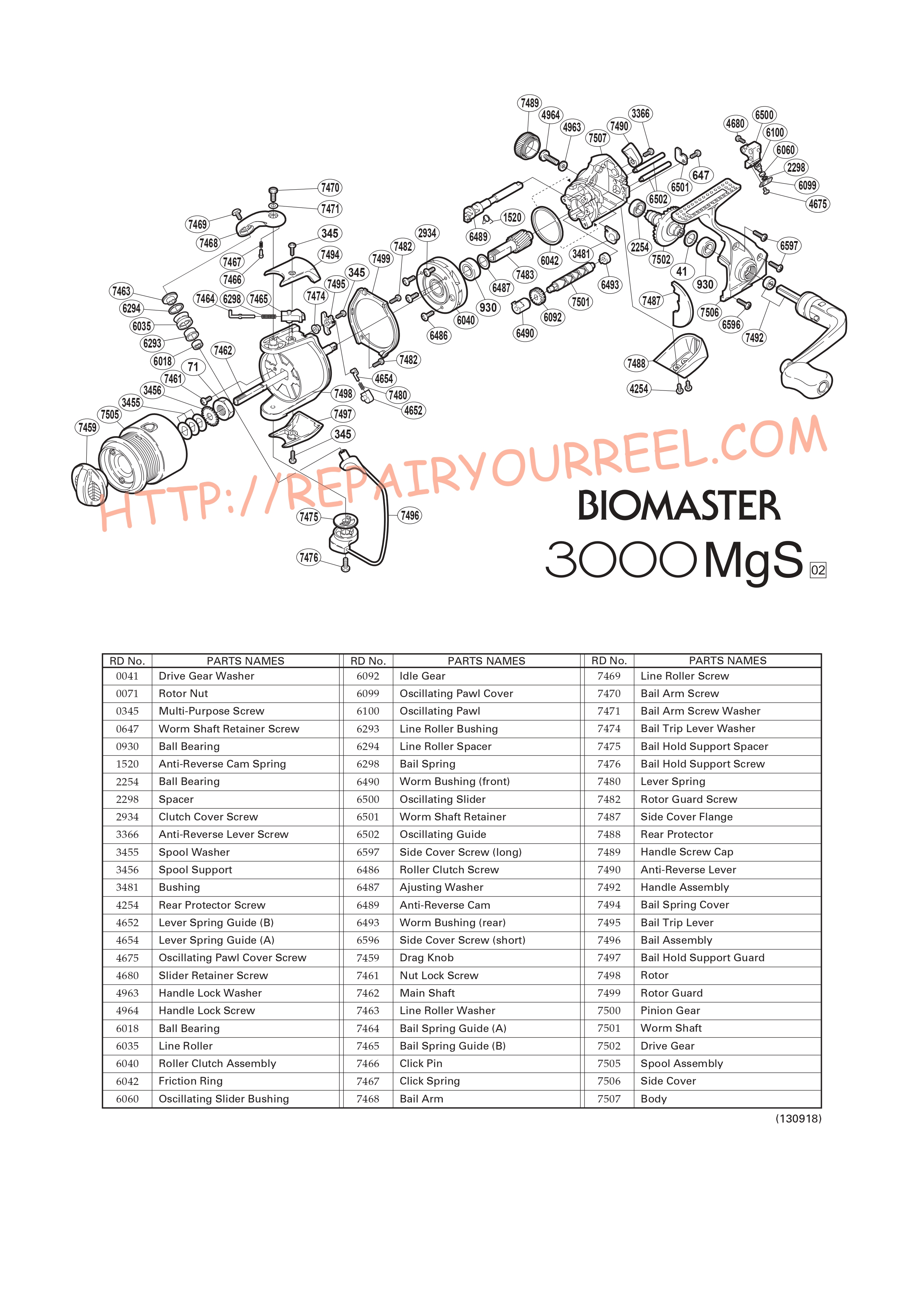 Exploded view of Shimano BIOMASTER 3000MGS (2002)