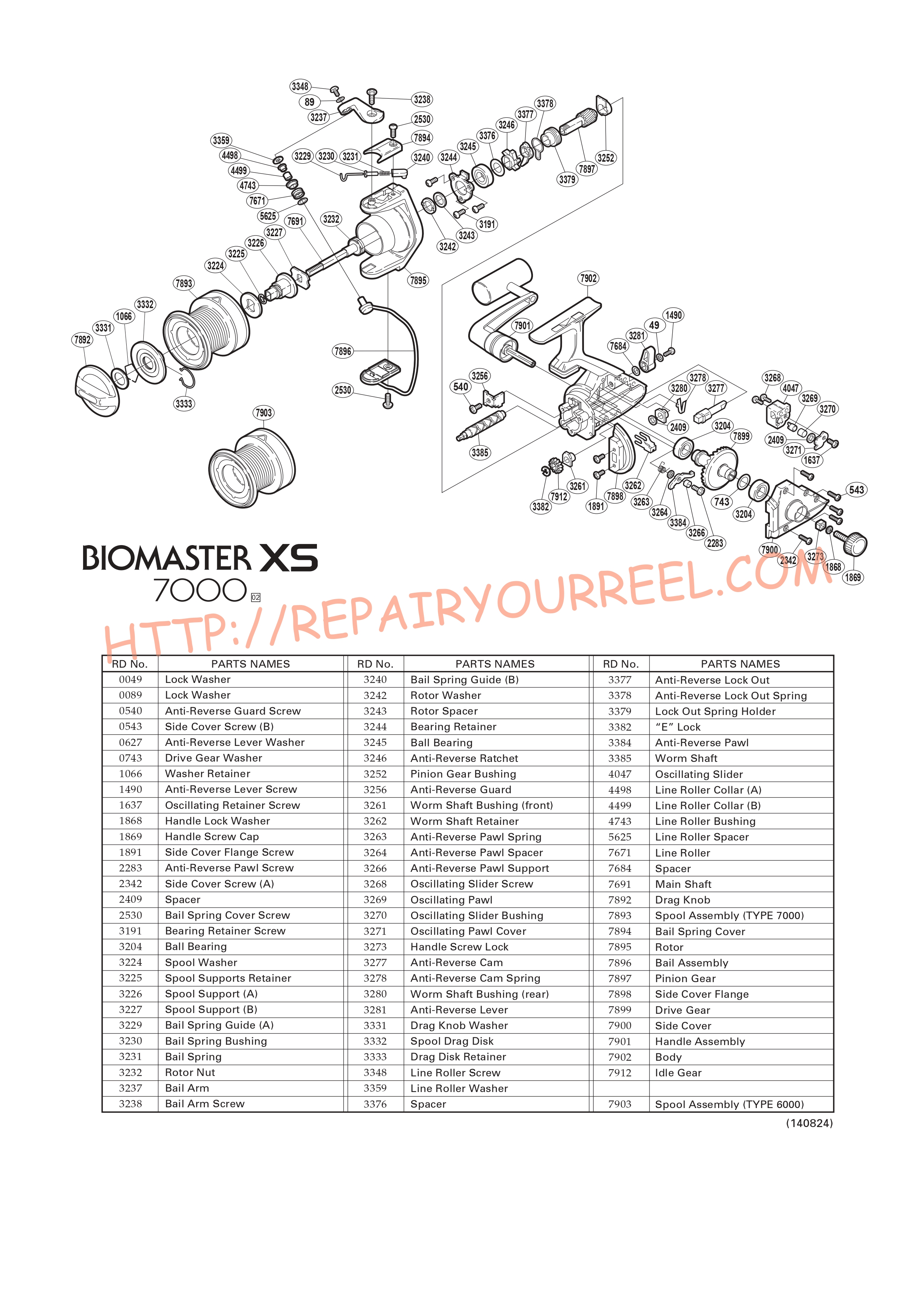 Exploded view of Shimano BIOMASTER 7000XS (2002)