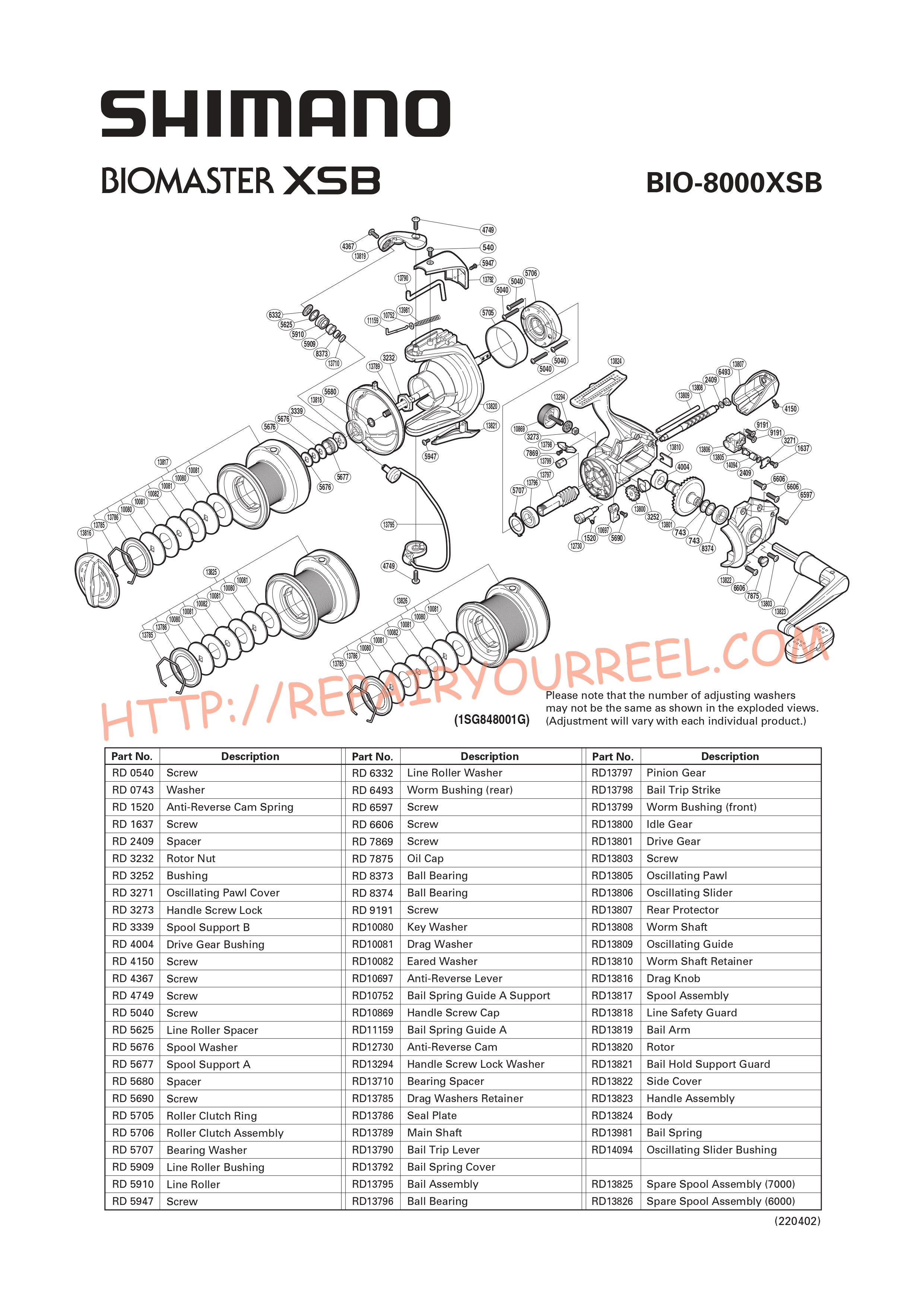 Exploded view of Shimano BIOMASTER 8000XSB (2004)