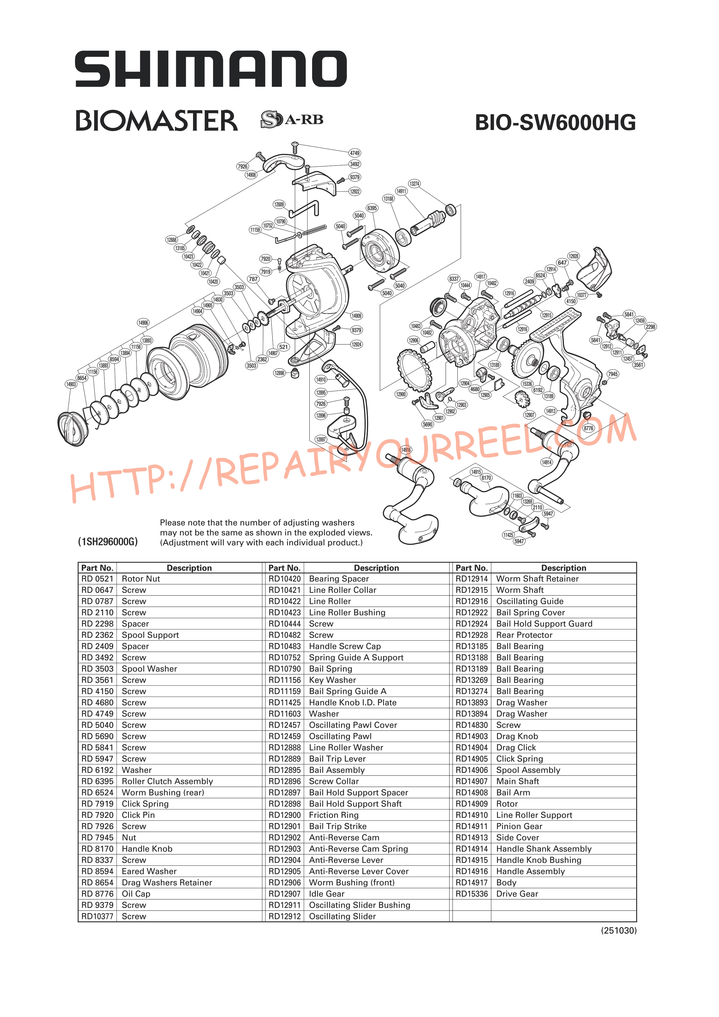 Exploded view of Shimano BIOMASTER SW6000HG (2012)