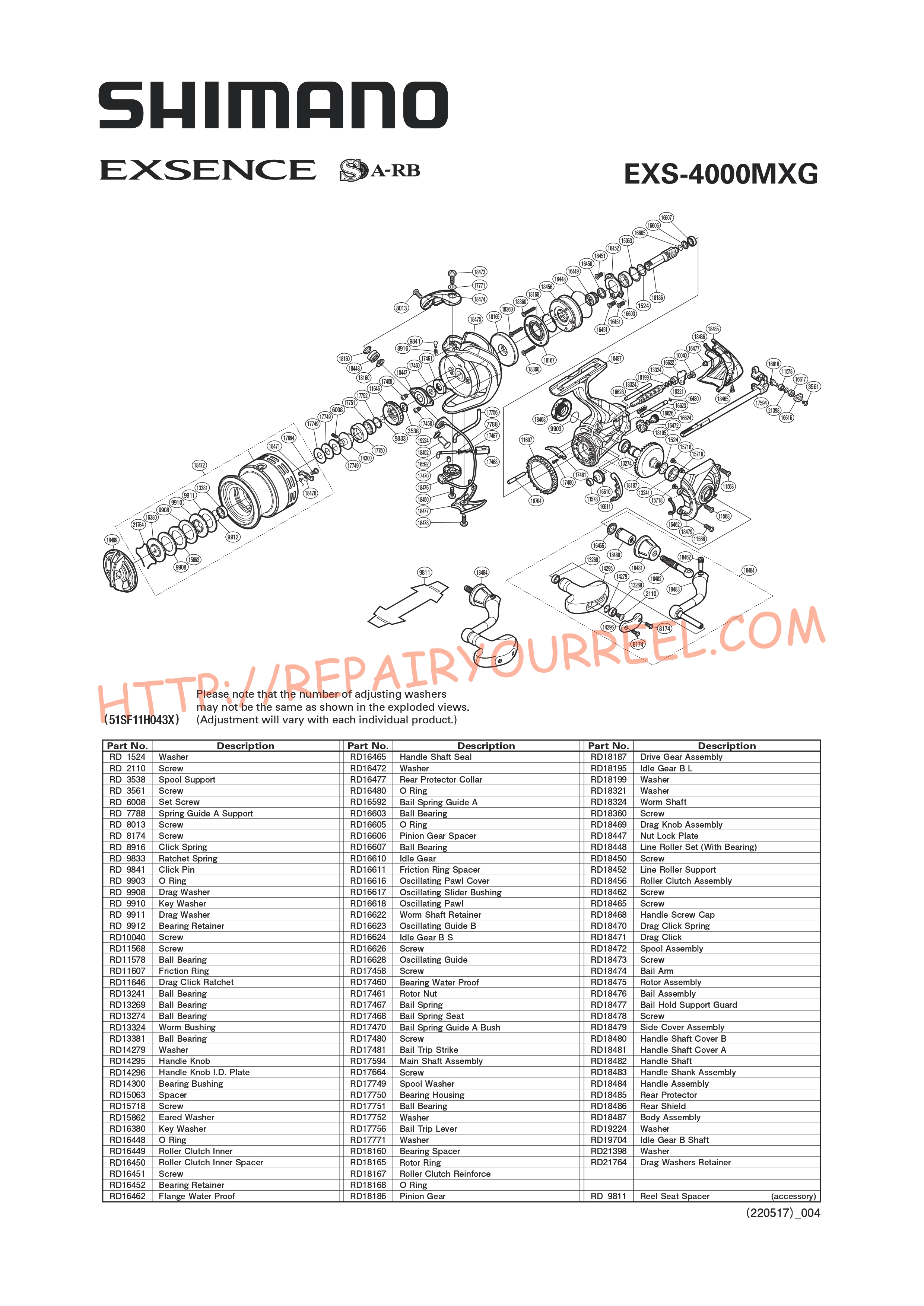 Exploded view of Shimano EXSENCE 4000MXG (2017)