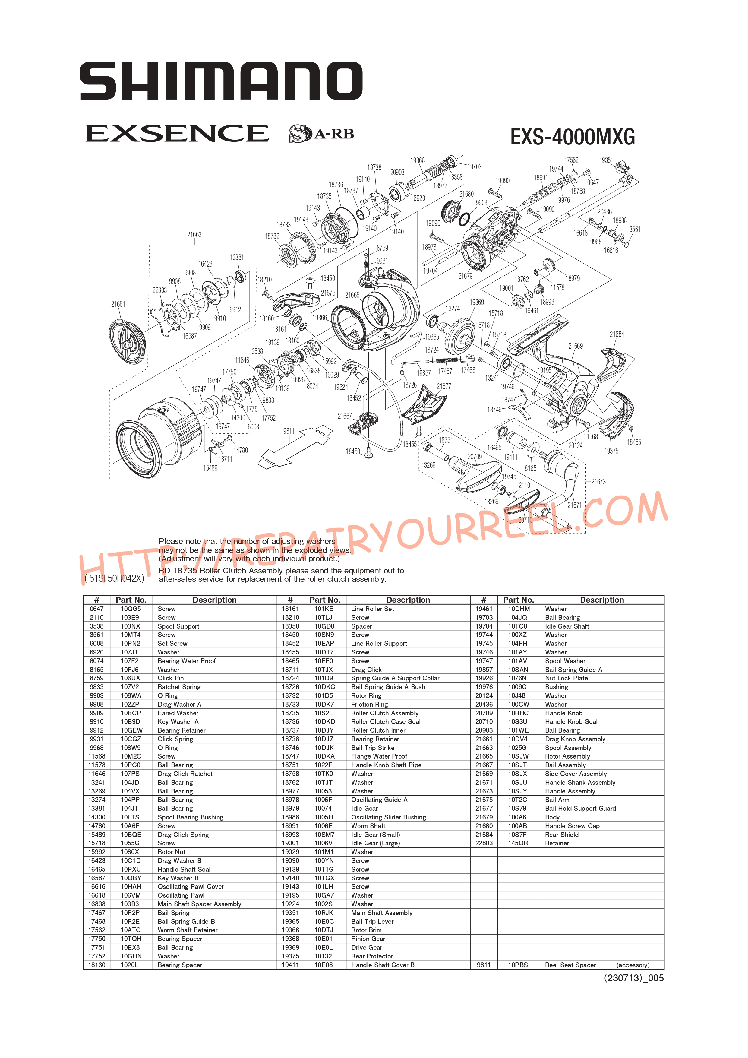 Exploded view of Shimano EXSENCE 4000MXGA (2021)