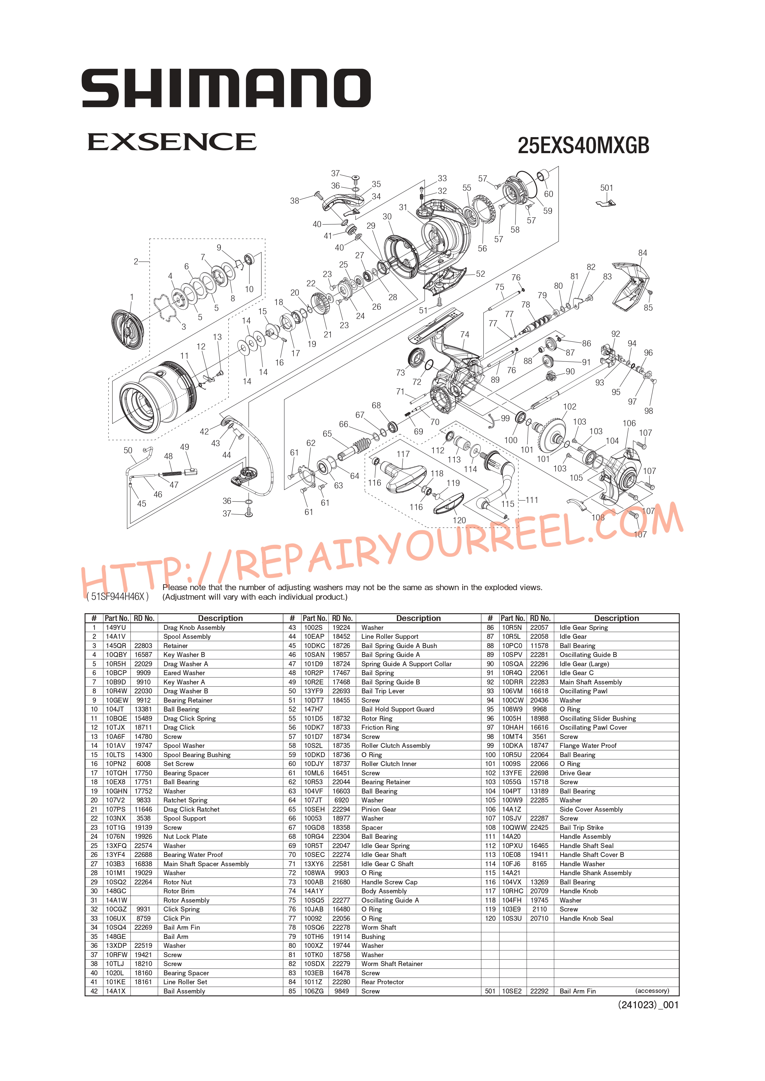 Exploded view of Shimano EXSENCE 4000MXGB (2025)