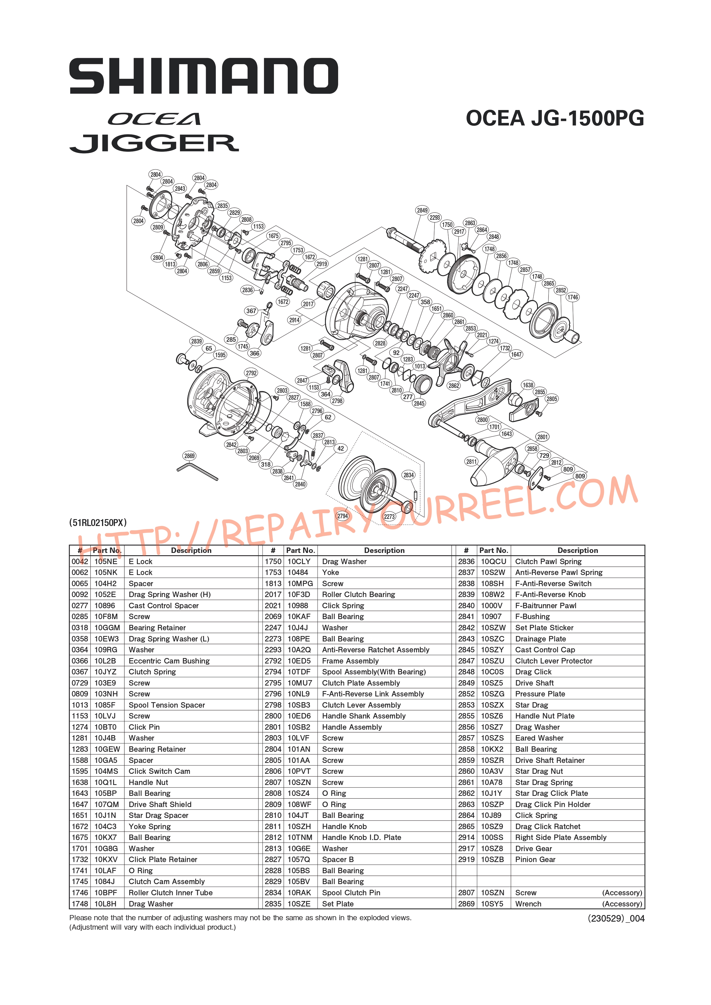 Exploded view of Shimano OCEA JIGGER 1500PG (2019)