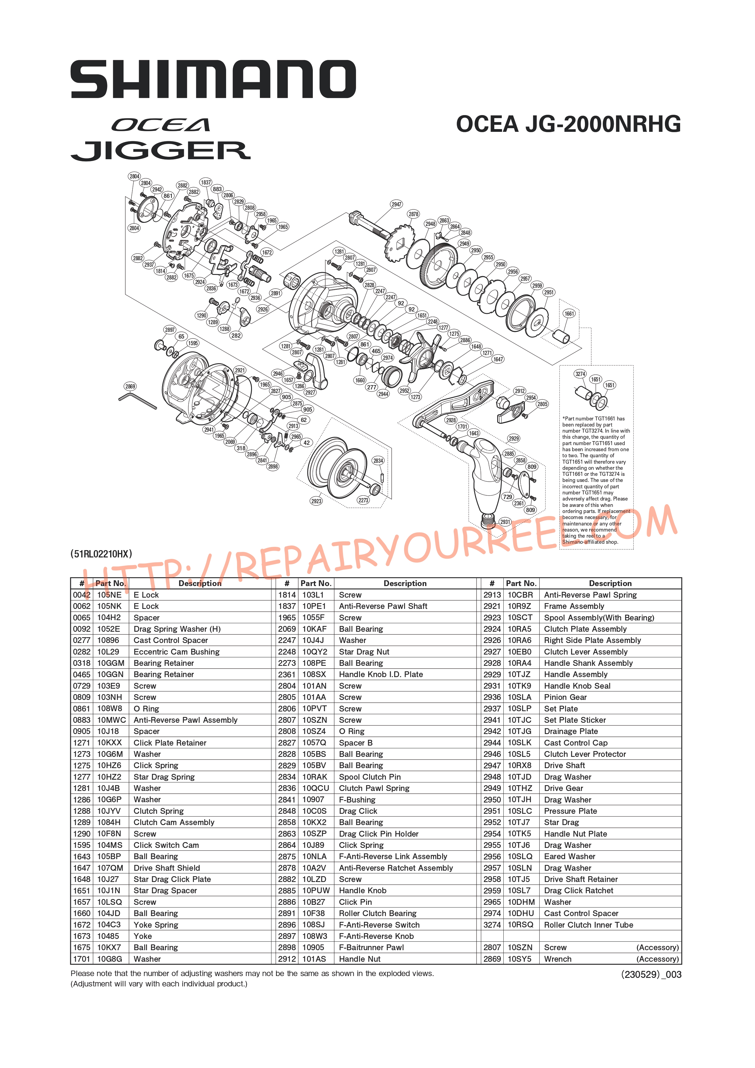 Exploded view of Shimano OCEA JIGGER 2000NRHG (2019)