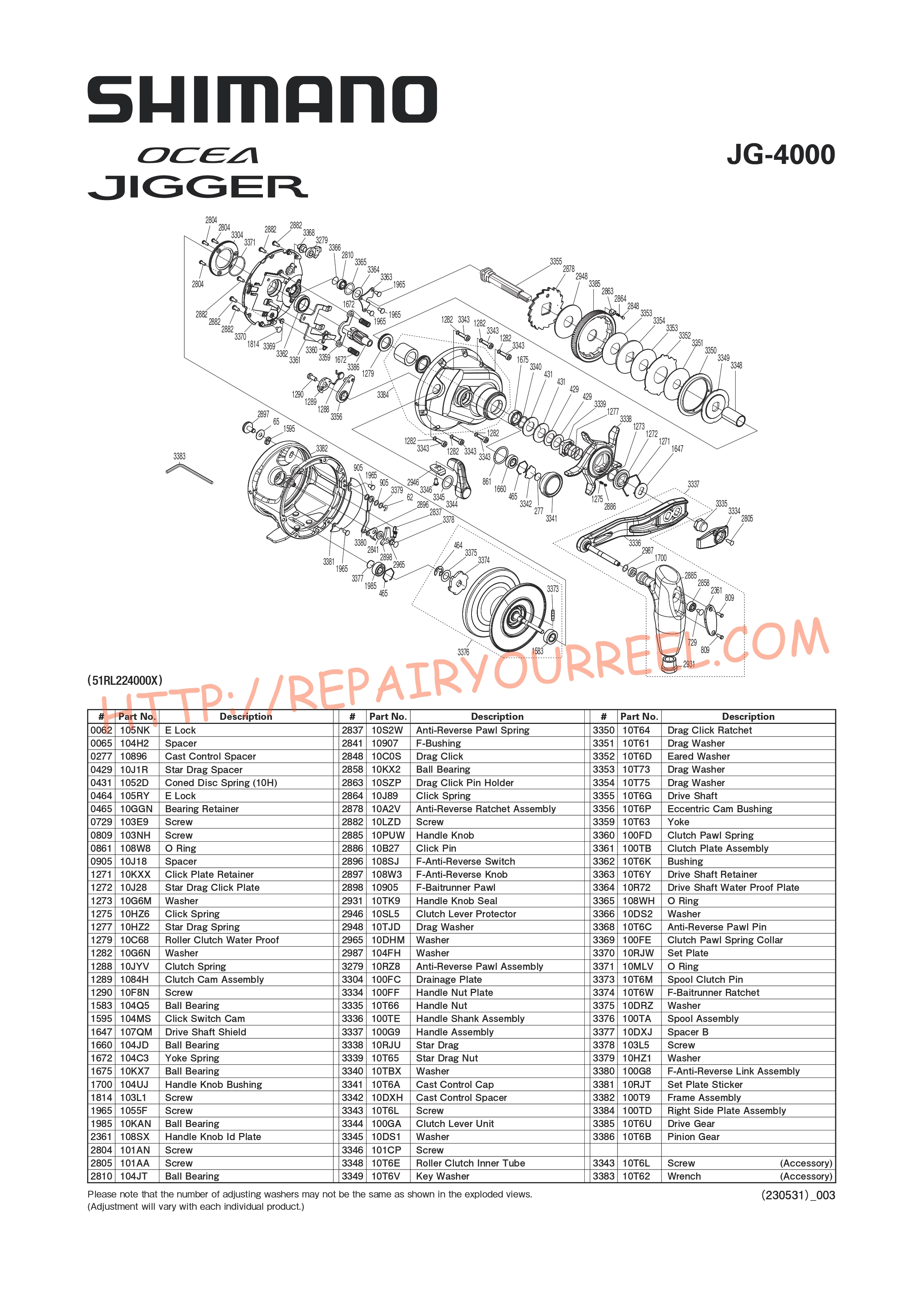 Exploded view of Shimano OCEA JIGGER 4000 (2020)