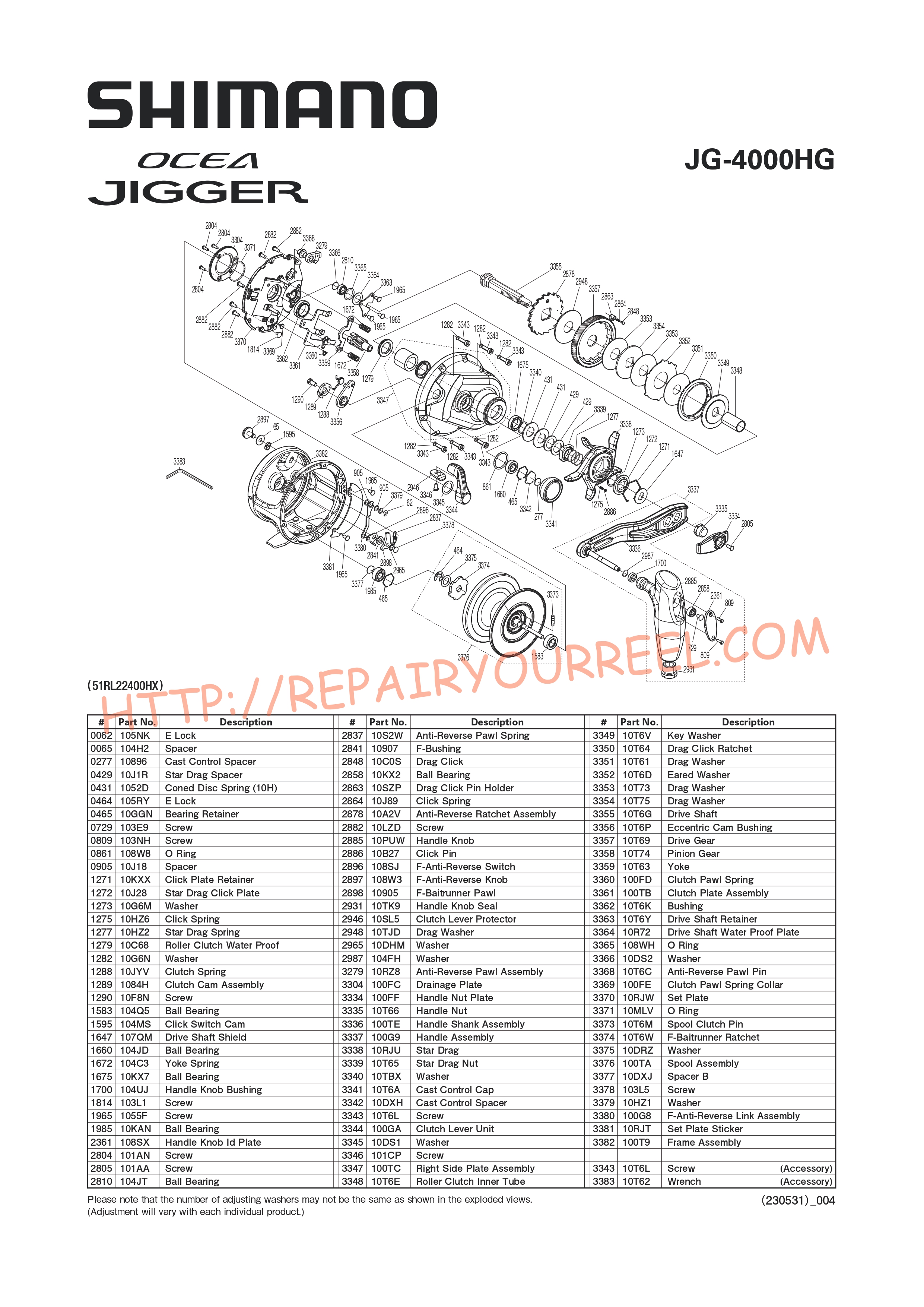 Exploded view of Shimano OCEA JIGGER 4000HG (2020)