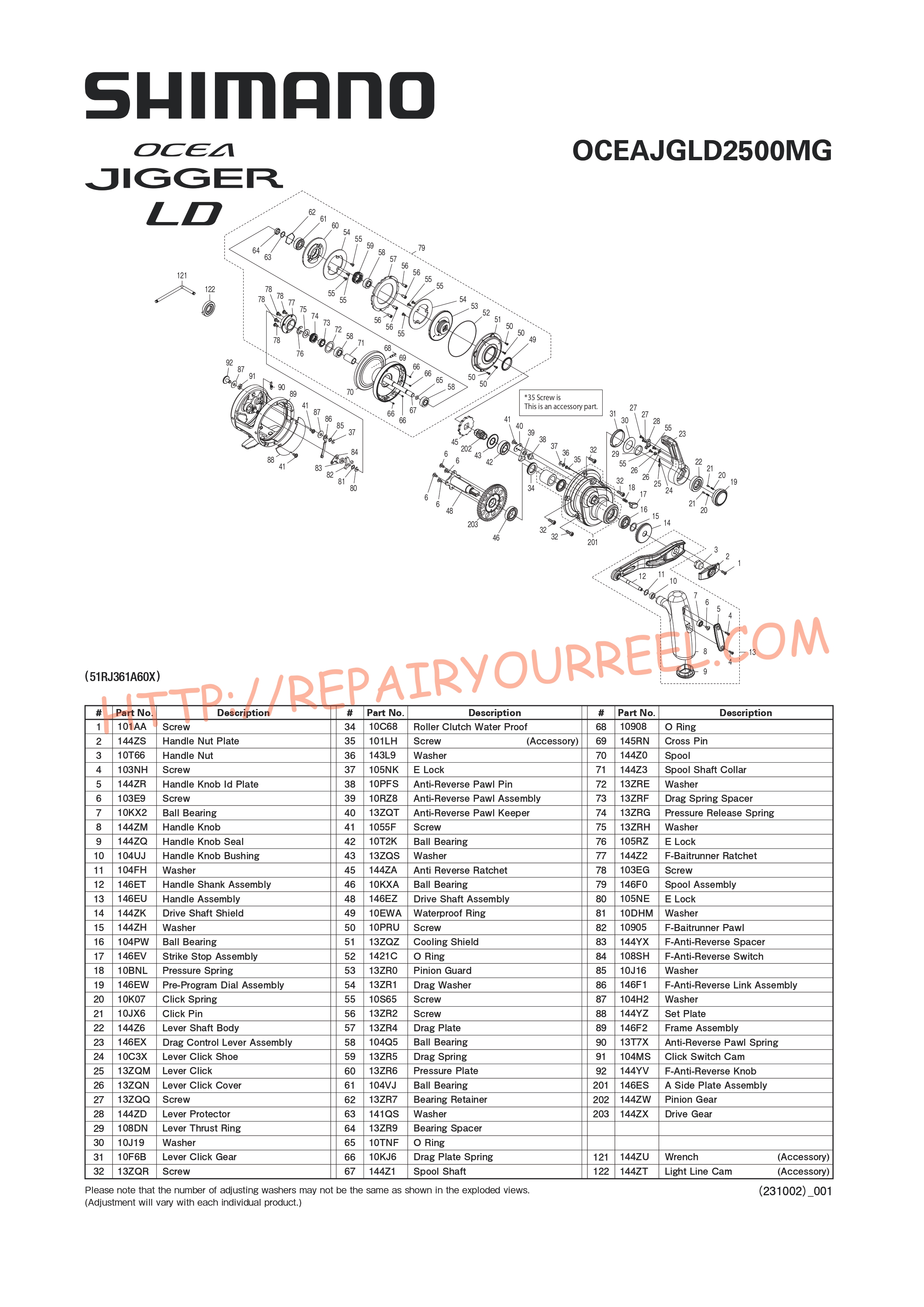 Exploded view of Shimano OCEA JIGGER LD2500MG (2024)