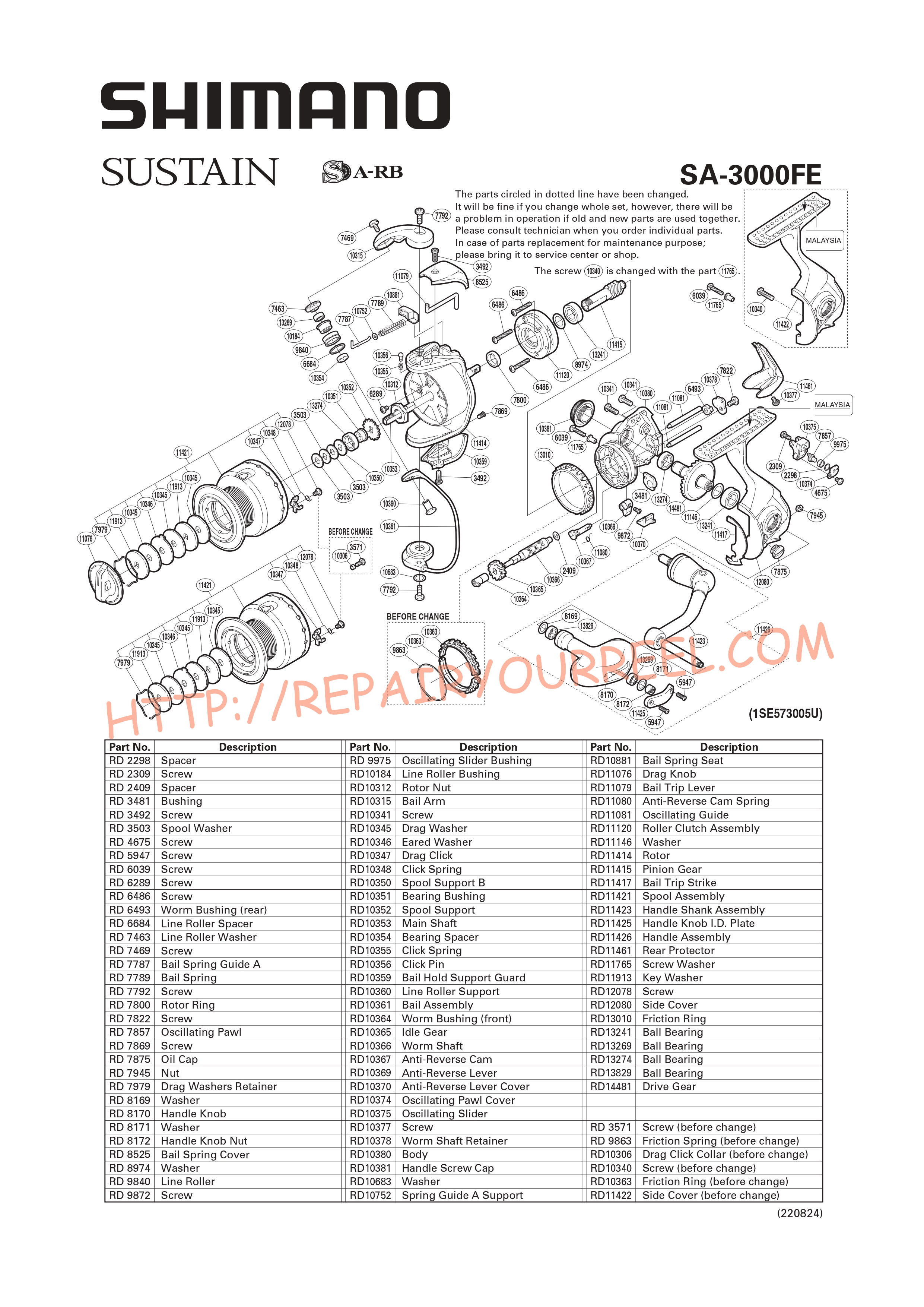 Exploded view of Shimano SUSTAIN 3000FE (2008)