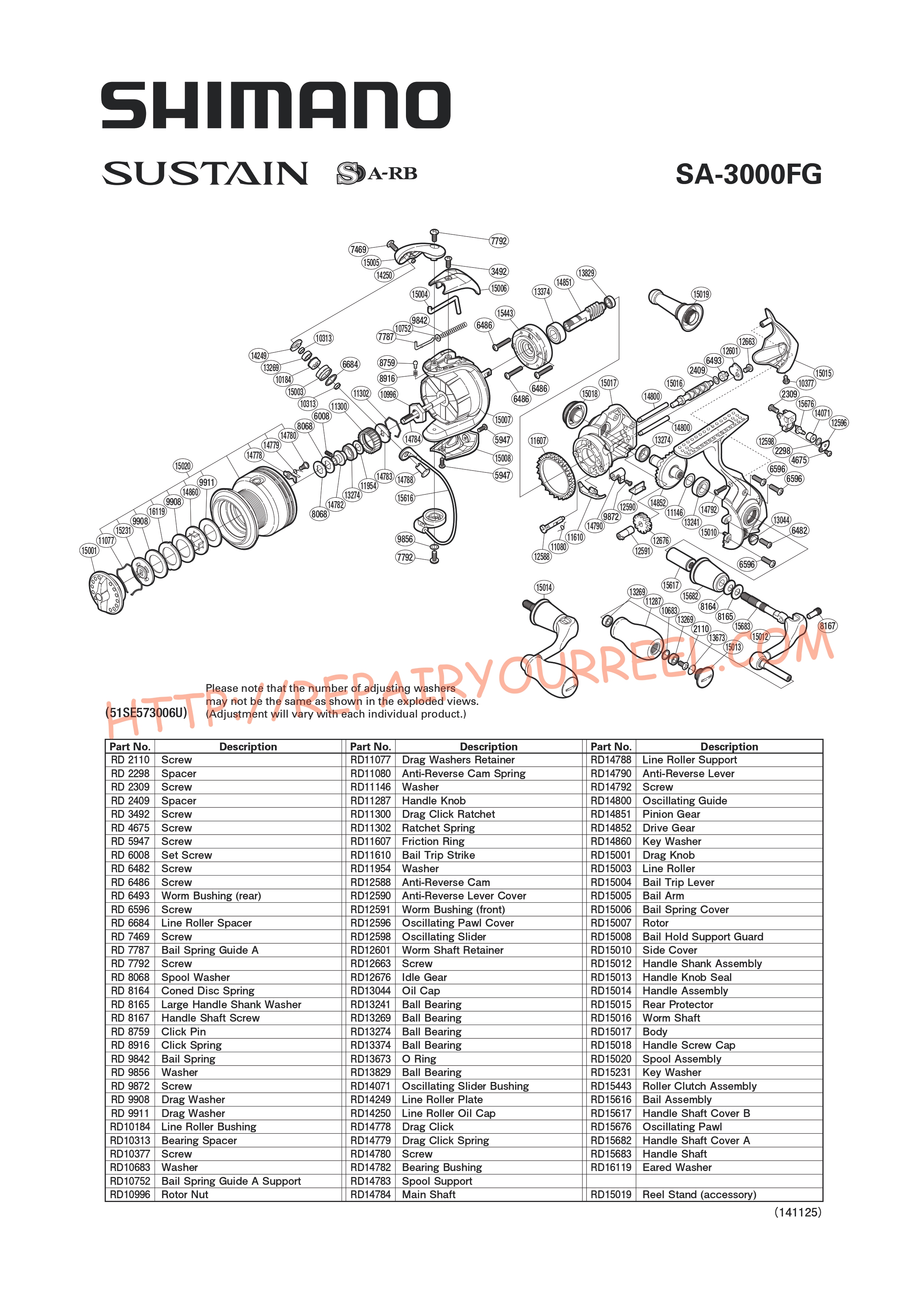 Exploded view of Shimano SUSTAIN 3000FG (2012)