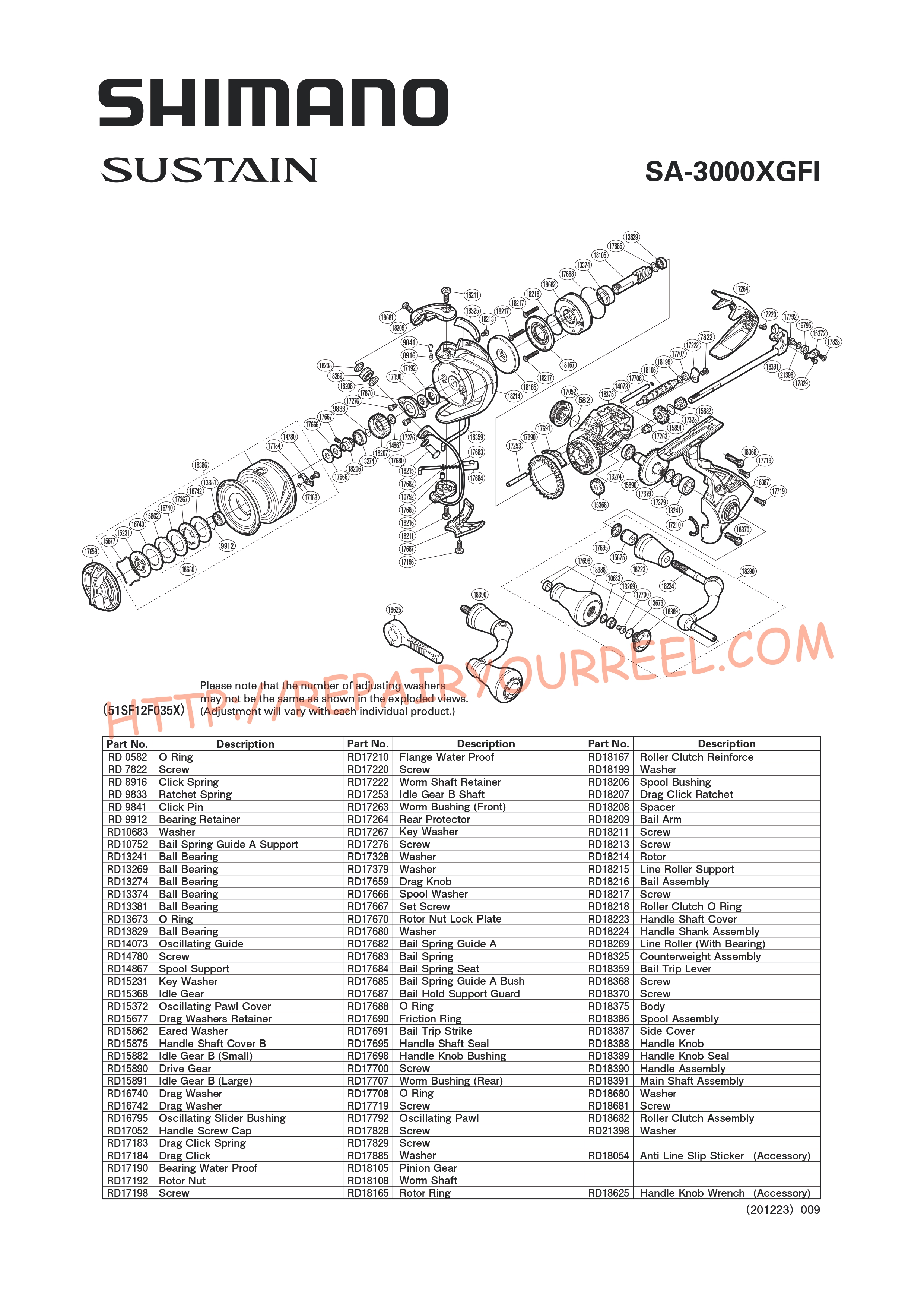 Exploded view of Shimano SUSTAIN 3000XGFI (2017)