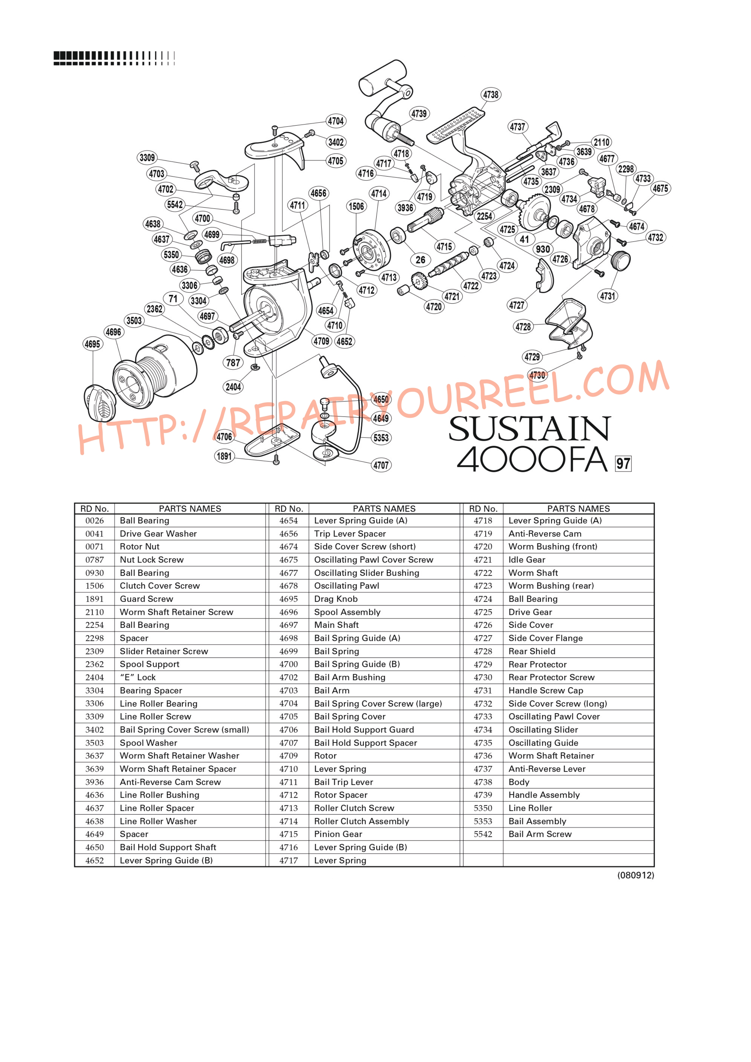 Exploded view of Shimano SUSTAIN 4000FA (1997)