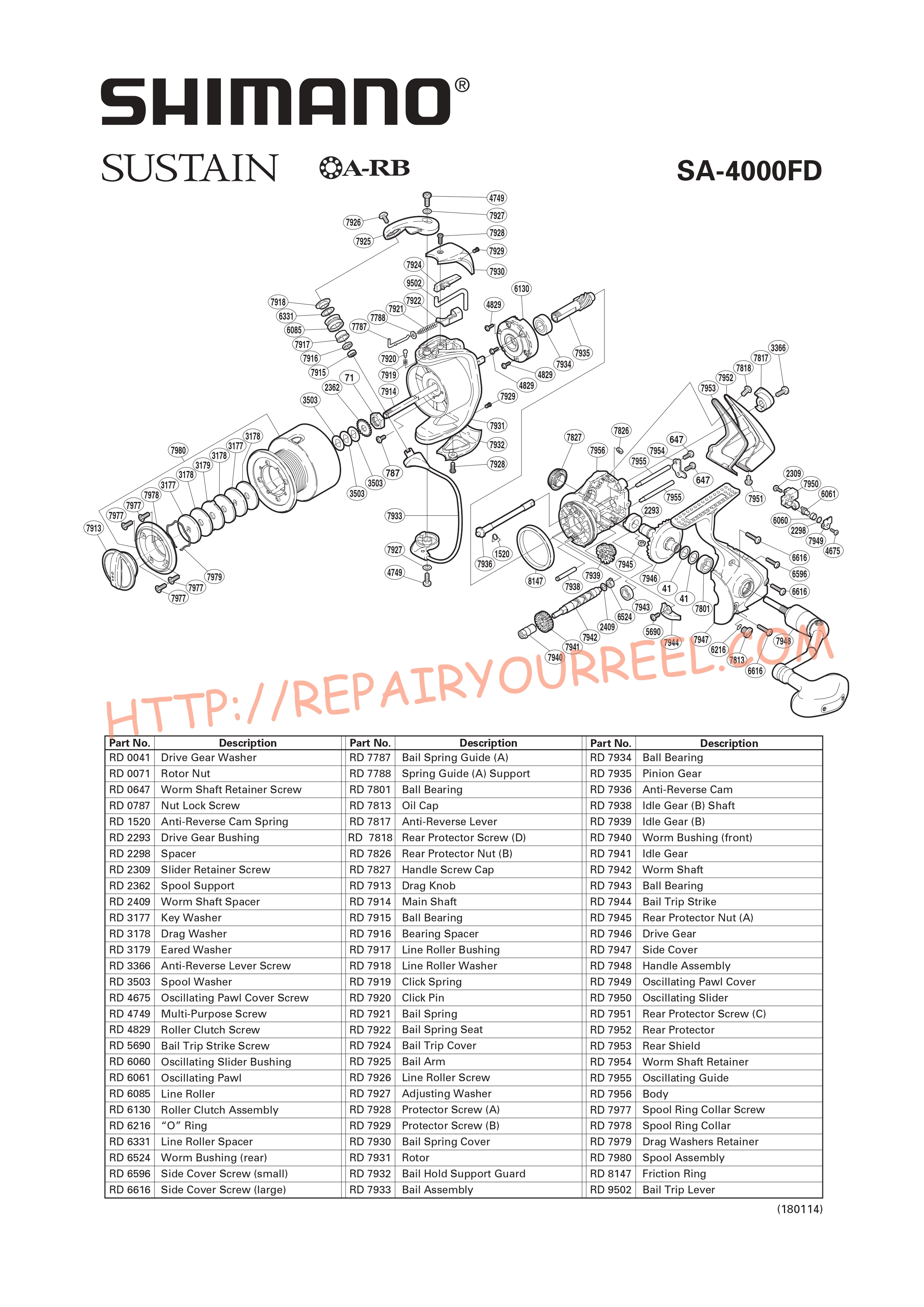 Exploded view of Shimano SUSTAIN 4000FD (2003)