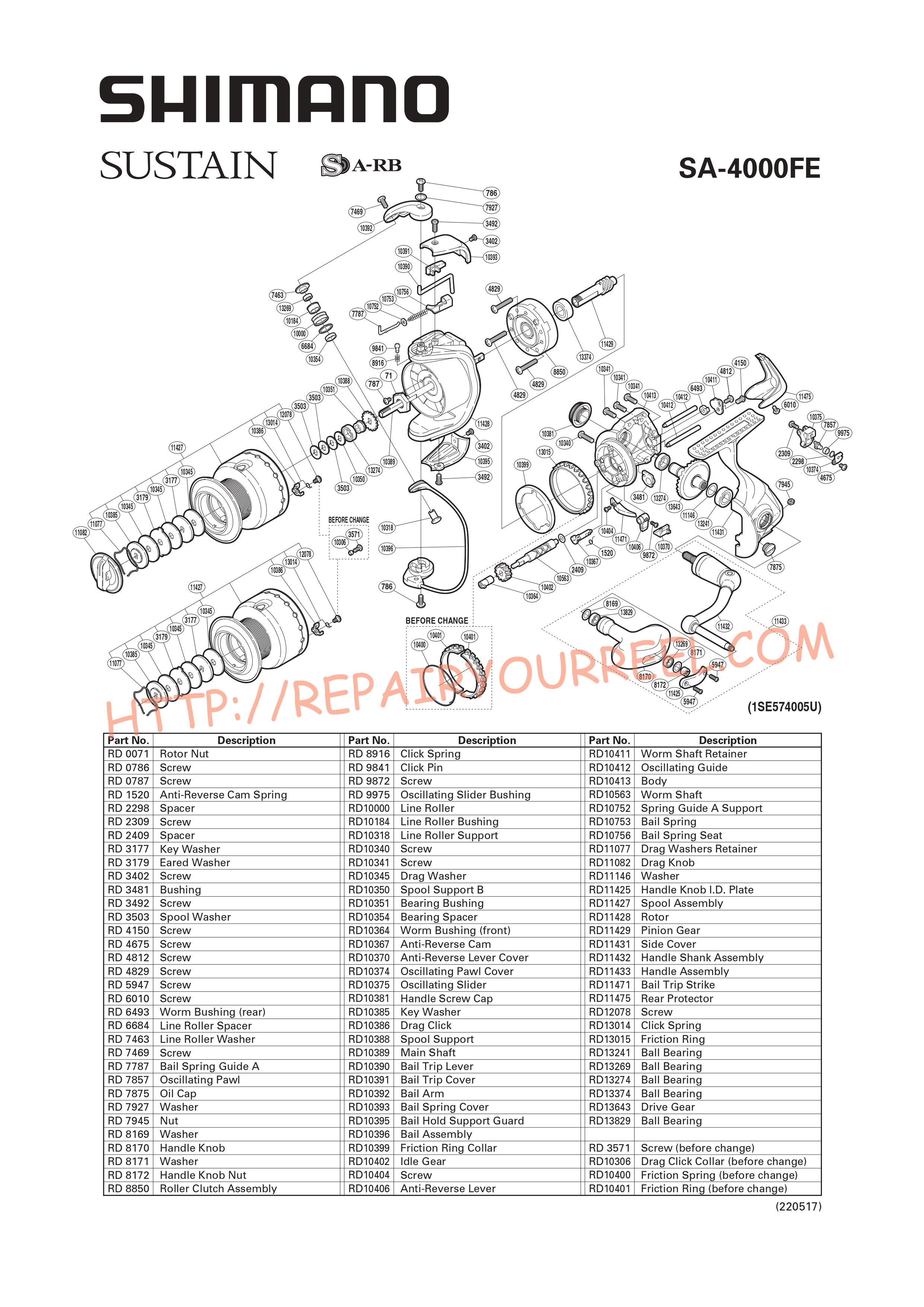 Exploded view of Shimano SUSTAIN 4000FE (2008)