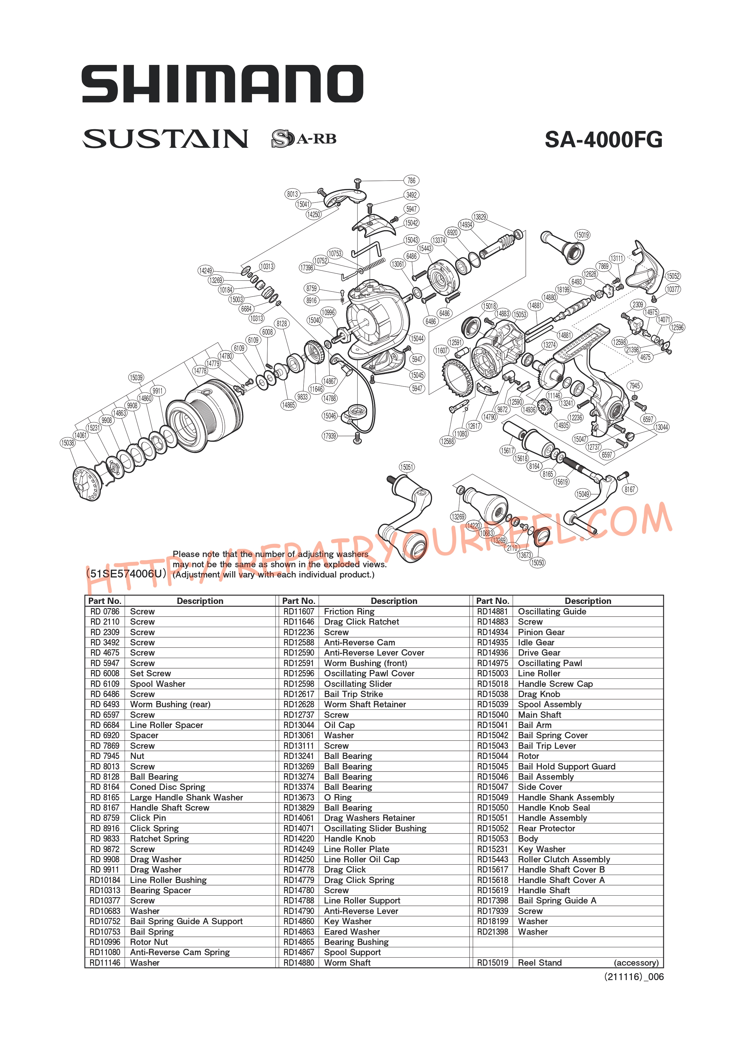 Exploded view of Shimano SUSTAIN 4000FG (2012)