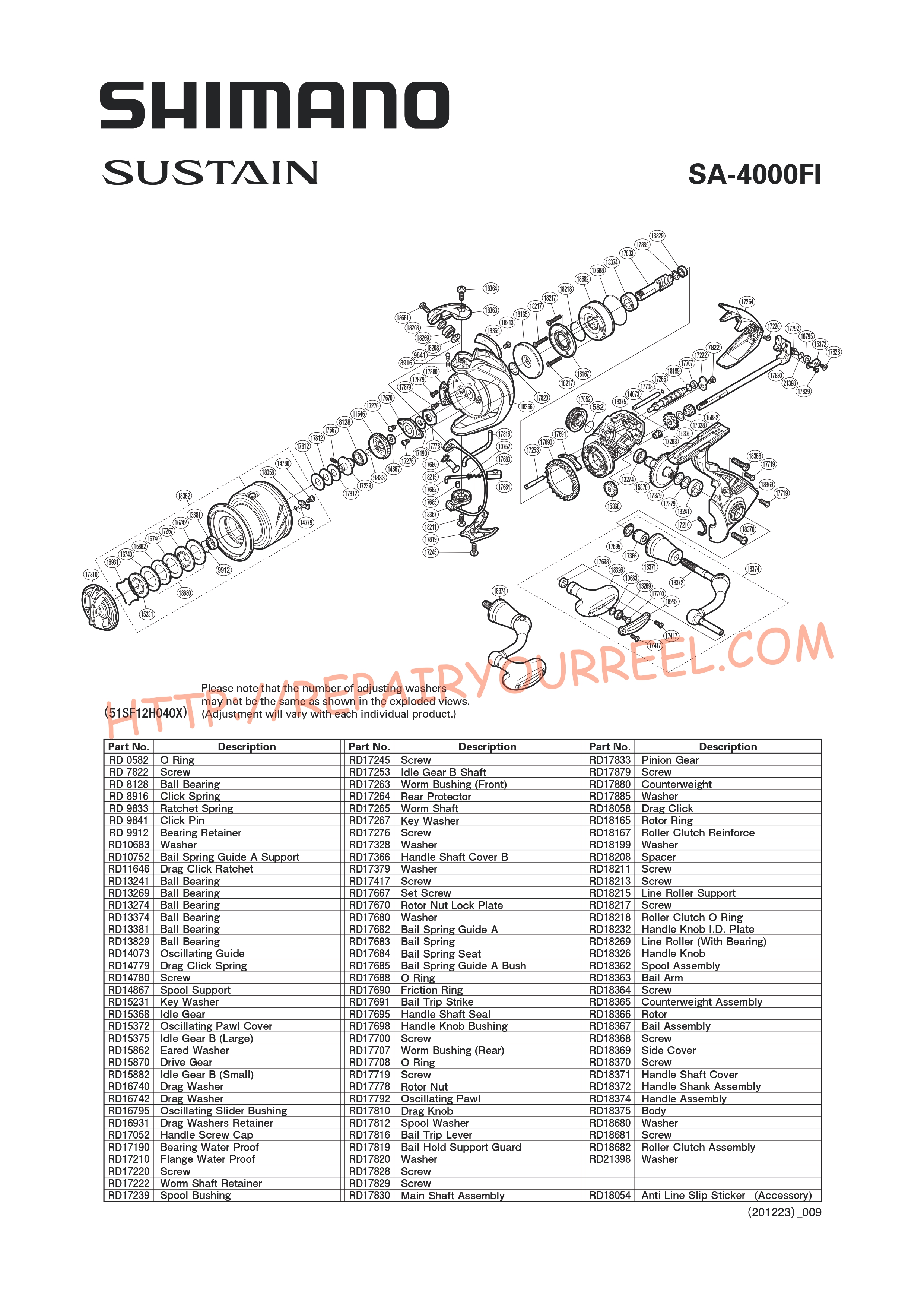 Exploded view of Shimano SUSTAIN 4000FI (2017)