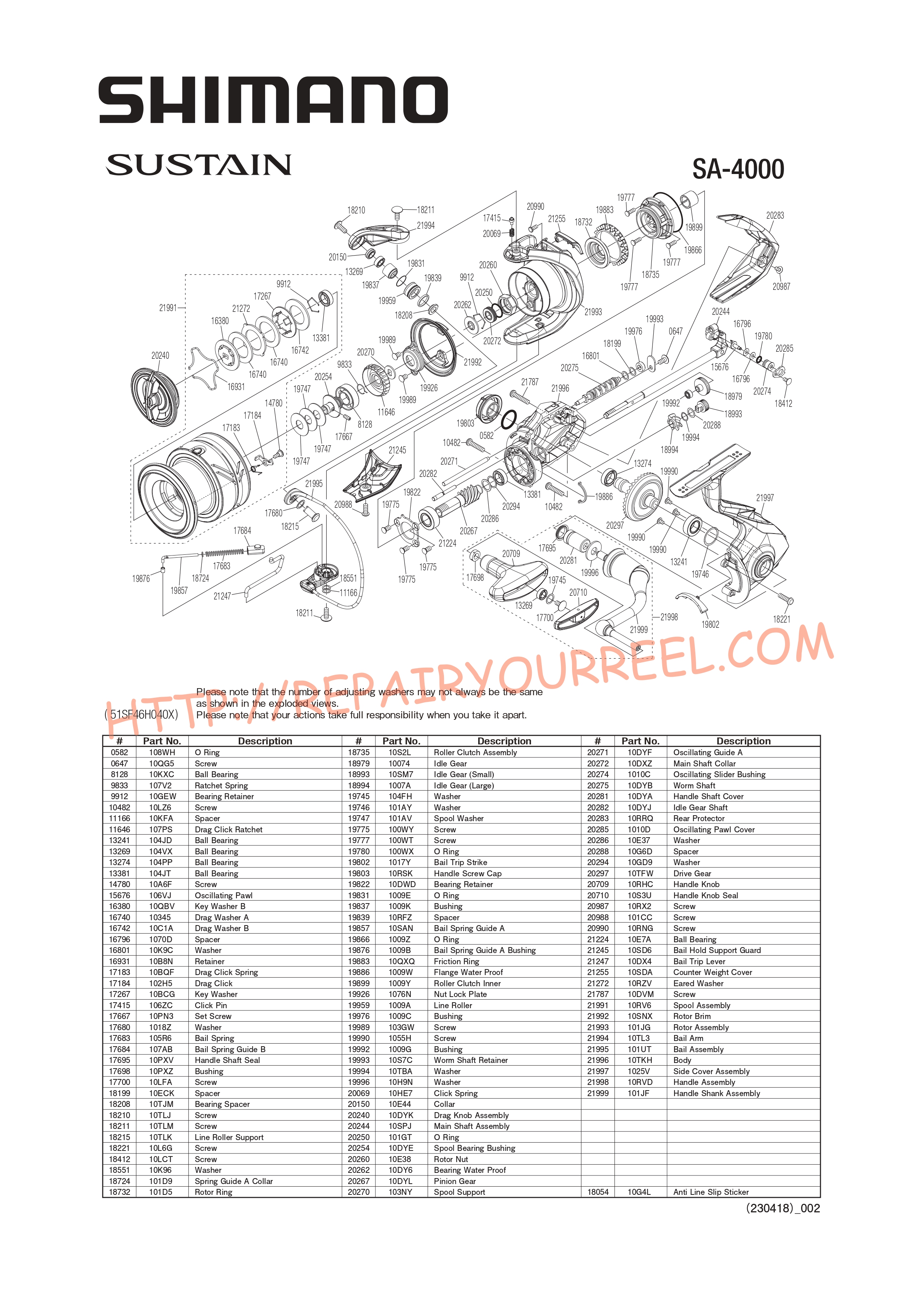 Exploded view of Shimano SUSTAIN 4000FJ (2021)