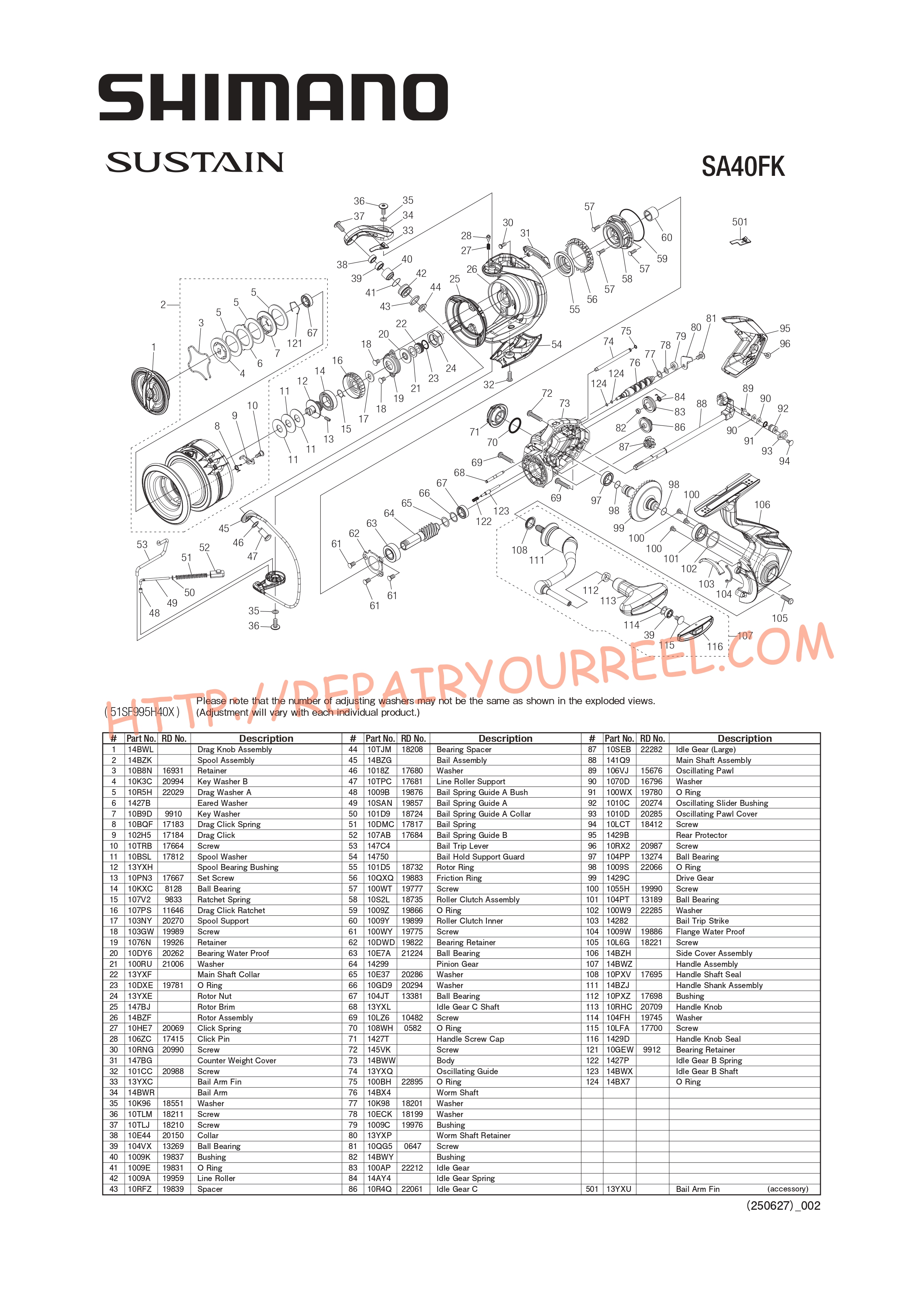 Exploded view of Shimano SUSTAIN 4000FK (2025)