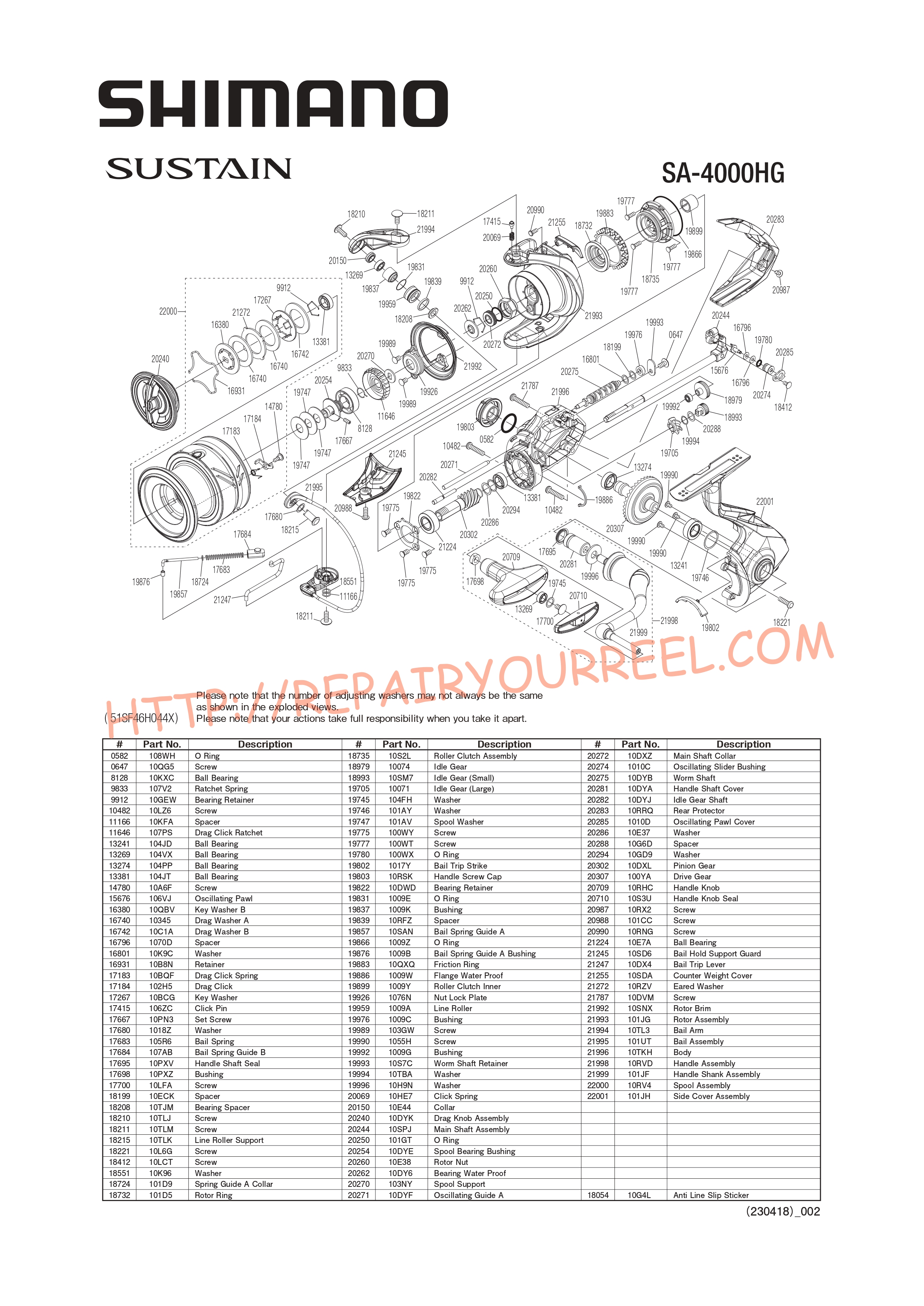 Exploded view of Shimano SUSTAIN 4000HGFJ (2021)
