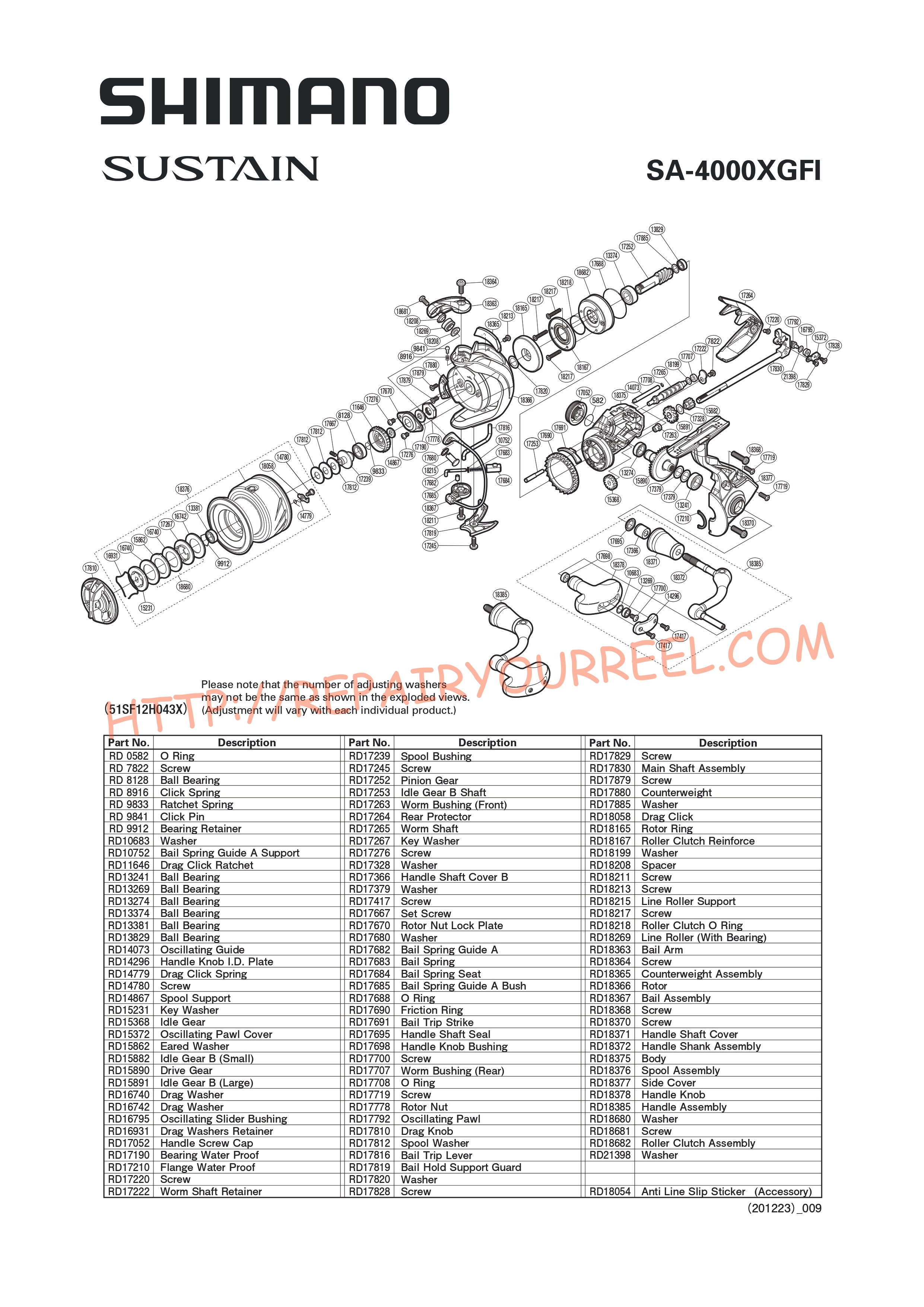 Exploded view of Shimano SUSTAIN 4000XGFI (2017)