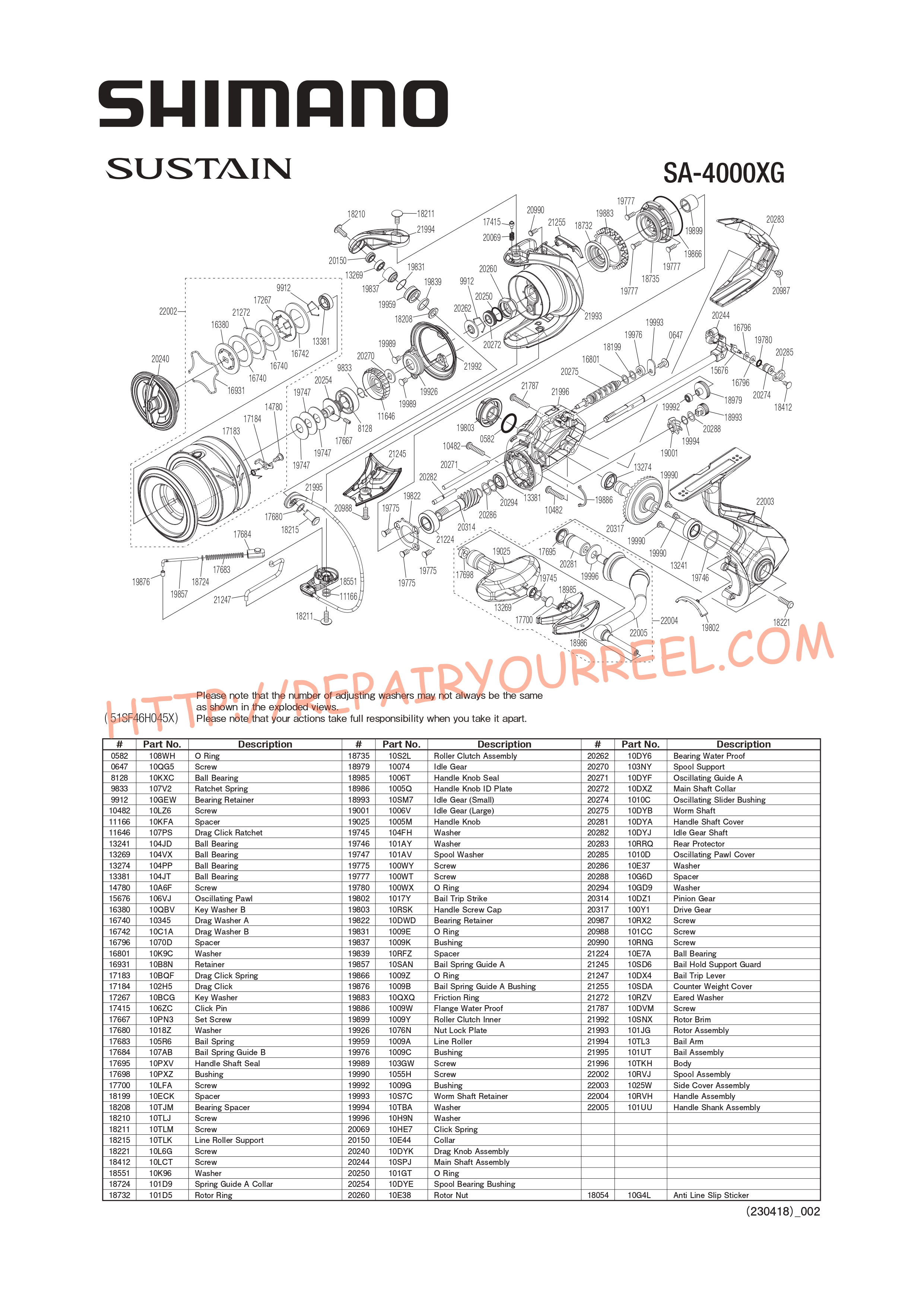 Exploded view of Shimano SUSTAIN 4000XGFJ (2021)