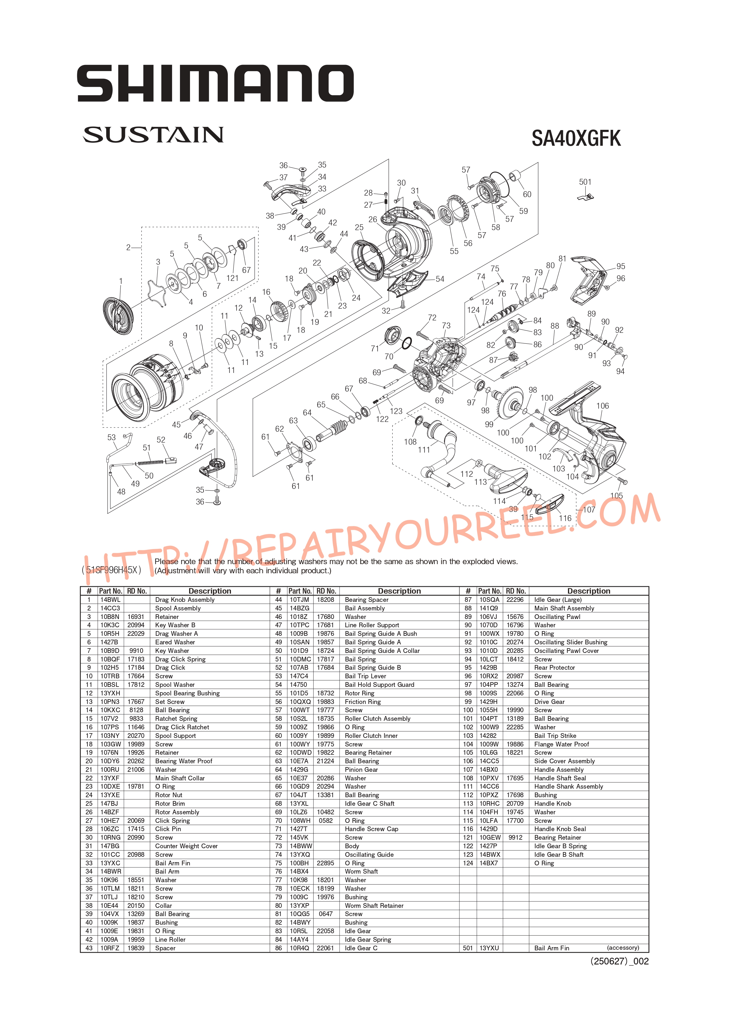 Exploded view of Shimano SUSTAIN 4000XGFK (2025)