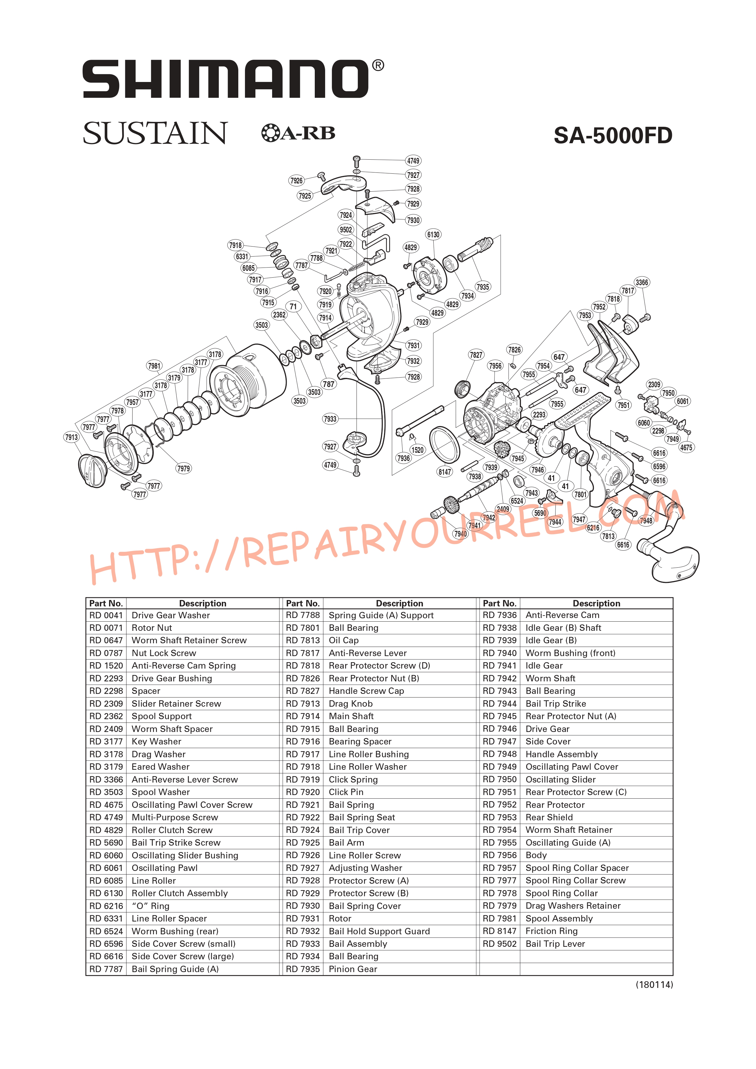 Exploded view of Shimano SUSTAIN 5000FD (2003)
