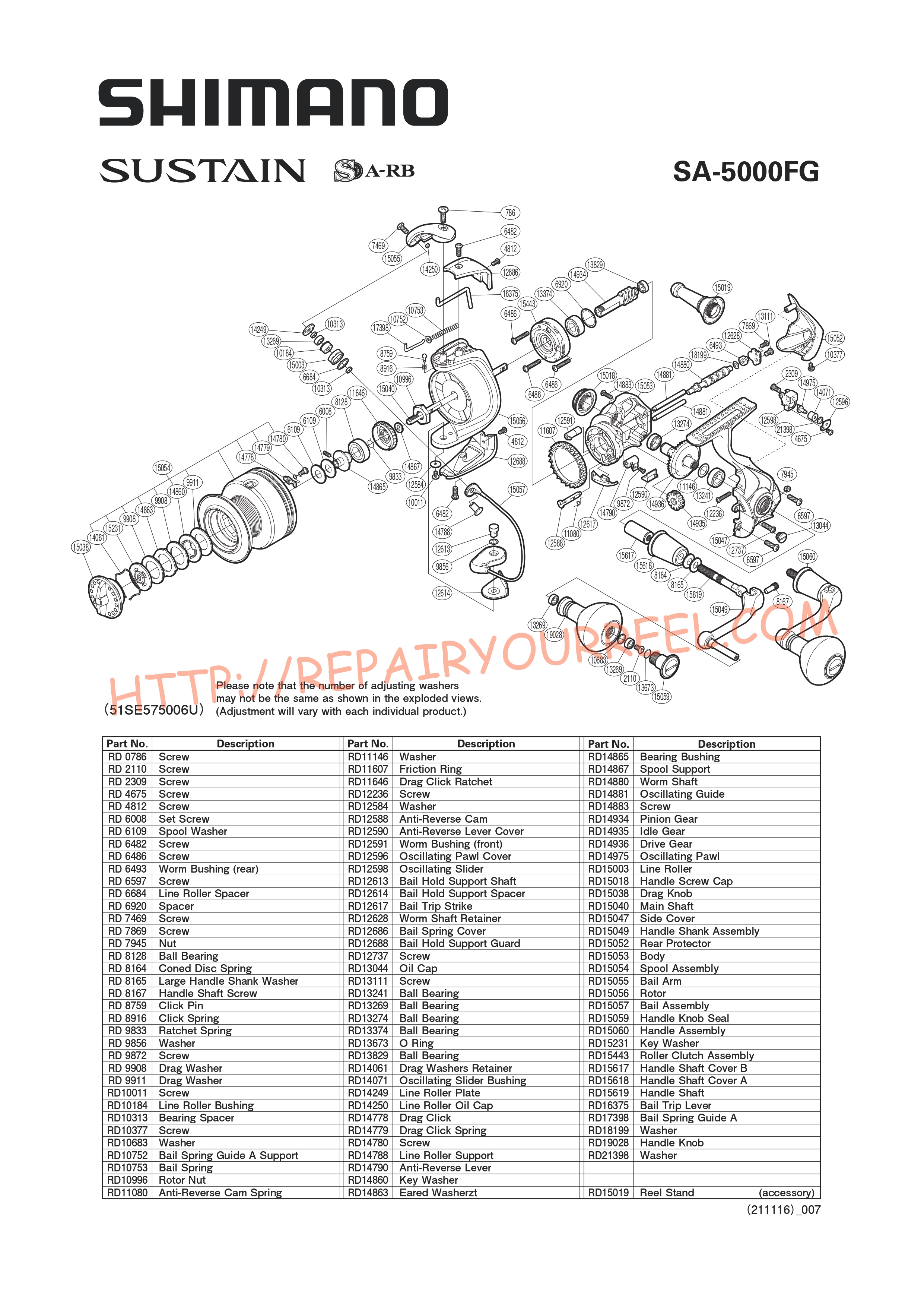 Exploded view of Shimano SUSTAIN 5000FG (2012)