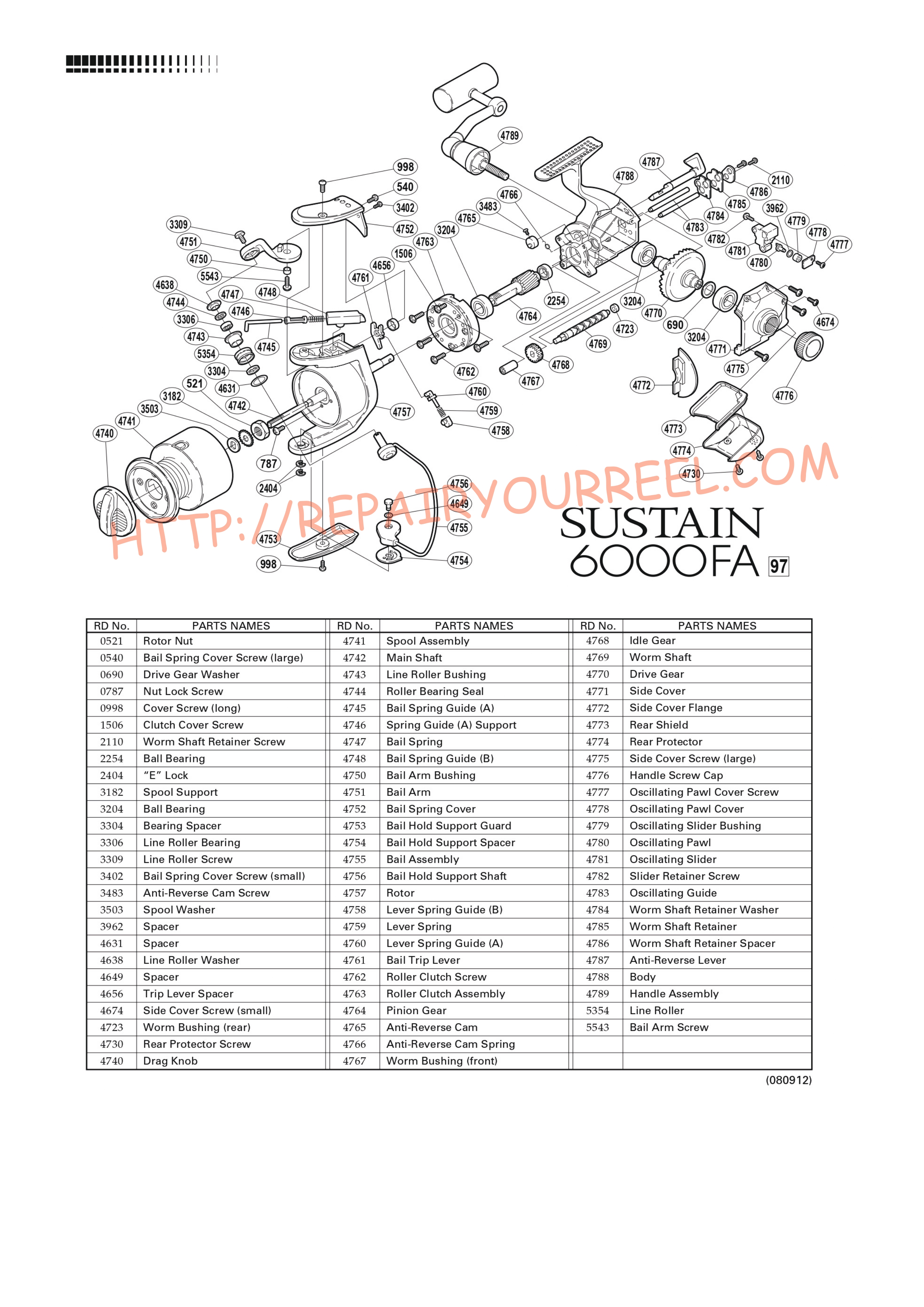 Exploded view of Shimano SUSTAIN 6000FA (1997)