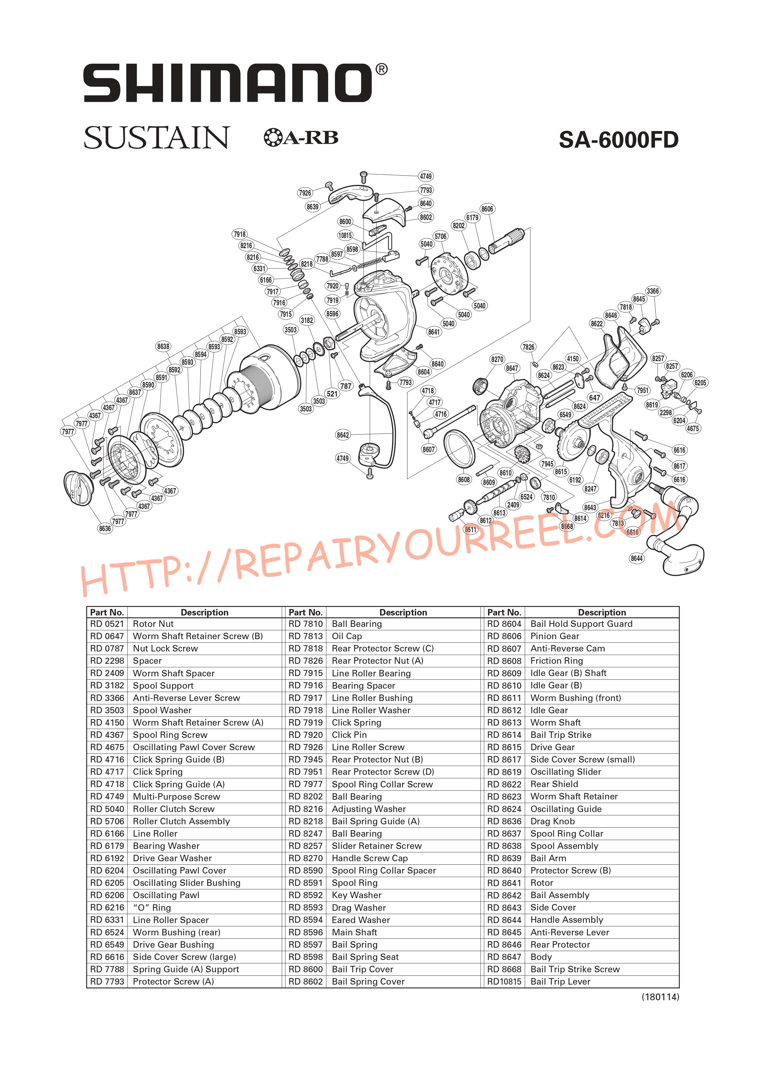 Exploded view of Shimano SUSTAIN 6000FD (2003)