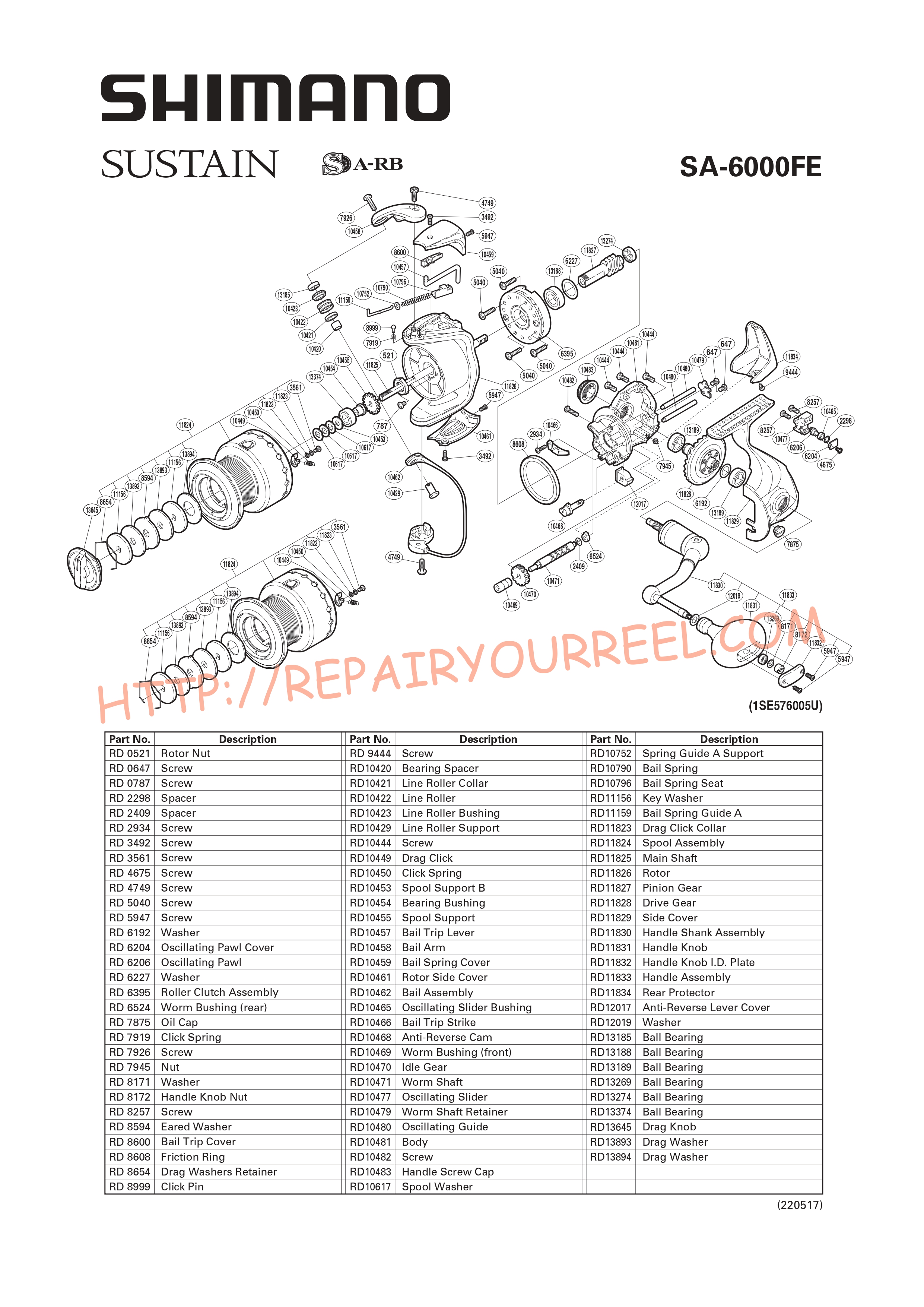 Exploded view of Shimano SUSTAIN 6000FE (2008)