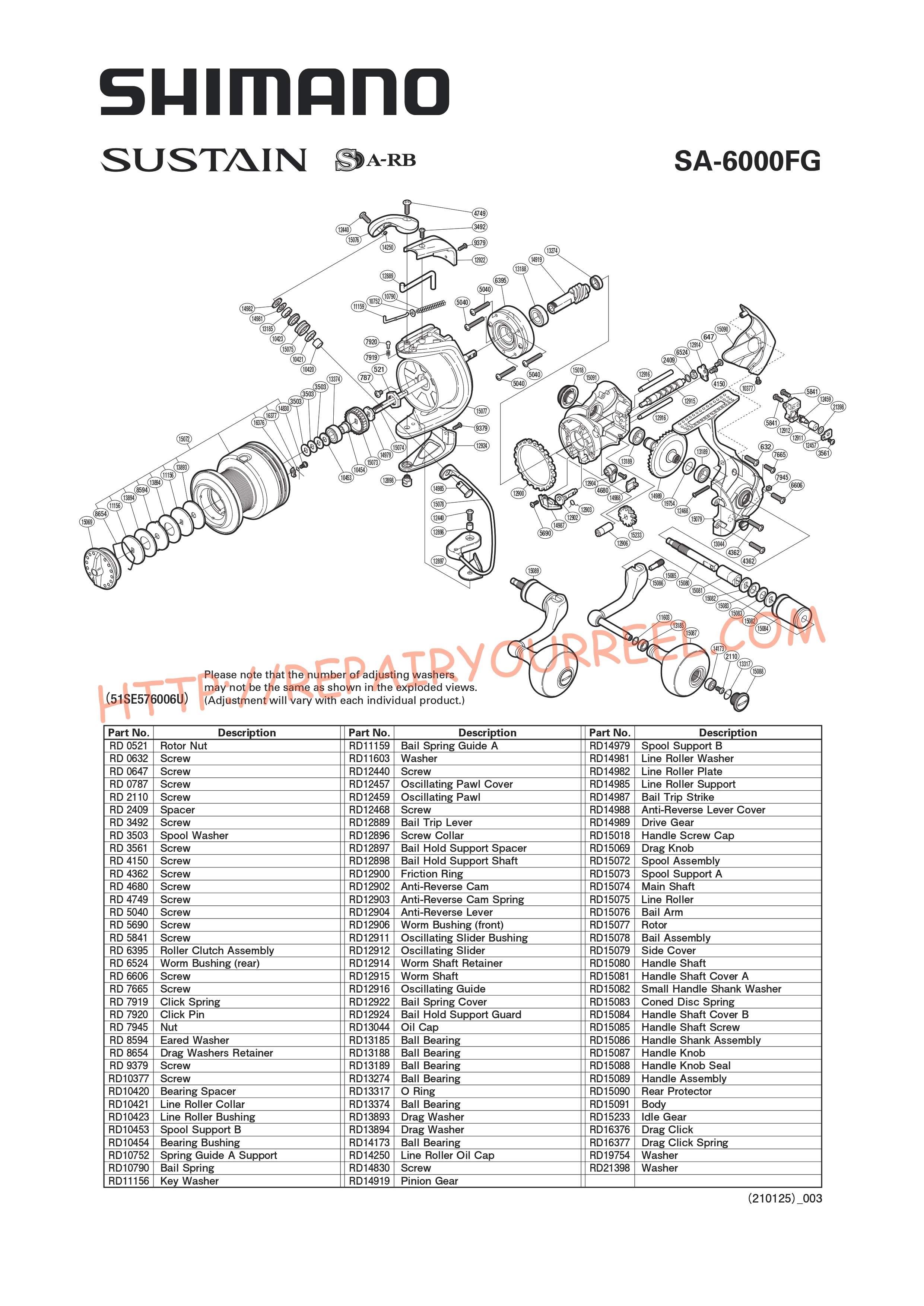 Exploded view of Shimano SUSTAIN 6000FG (2012)