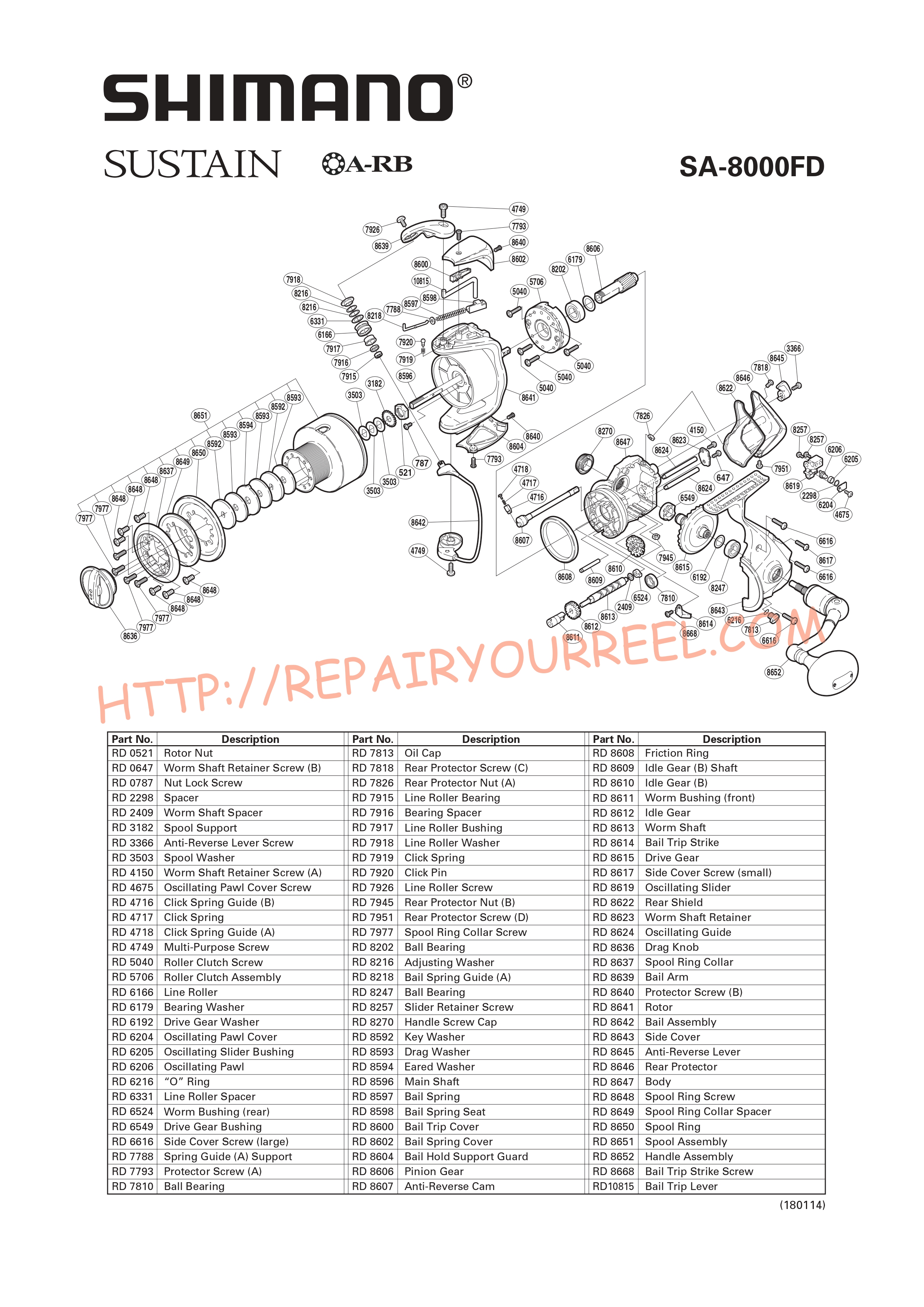 Exploded view of Shimano SUSTAIN 8000FD (2003)
