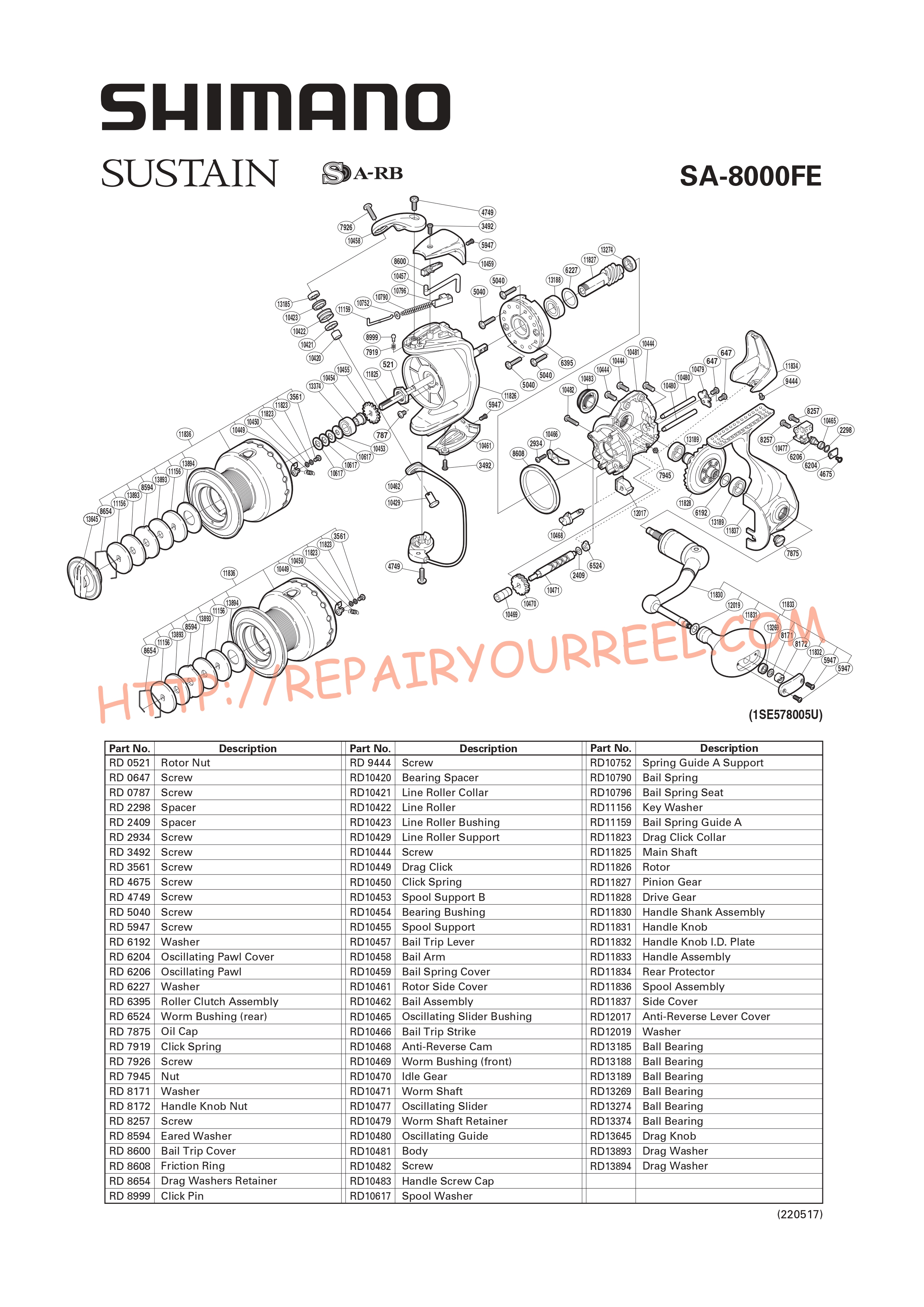 Exploded view of Shimano SUSTAIN 8000FE (2008)
