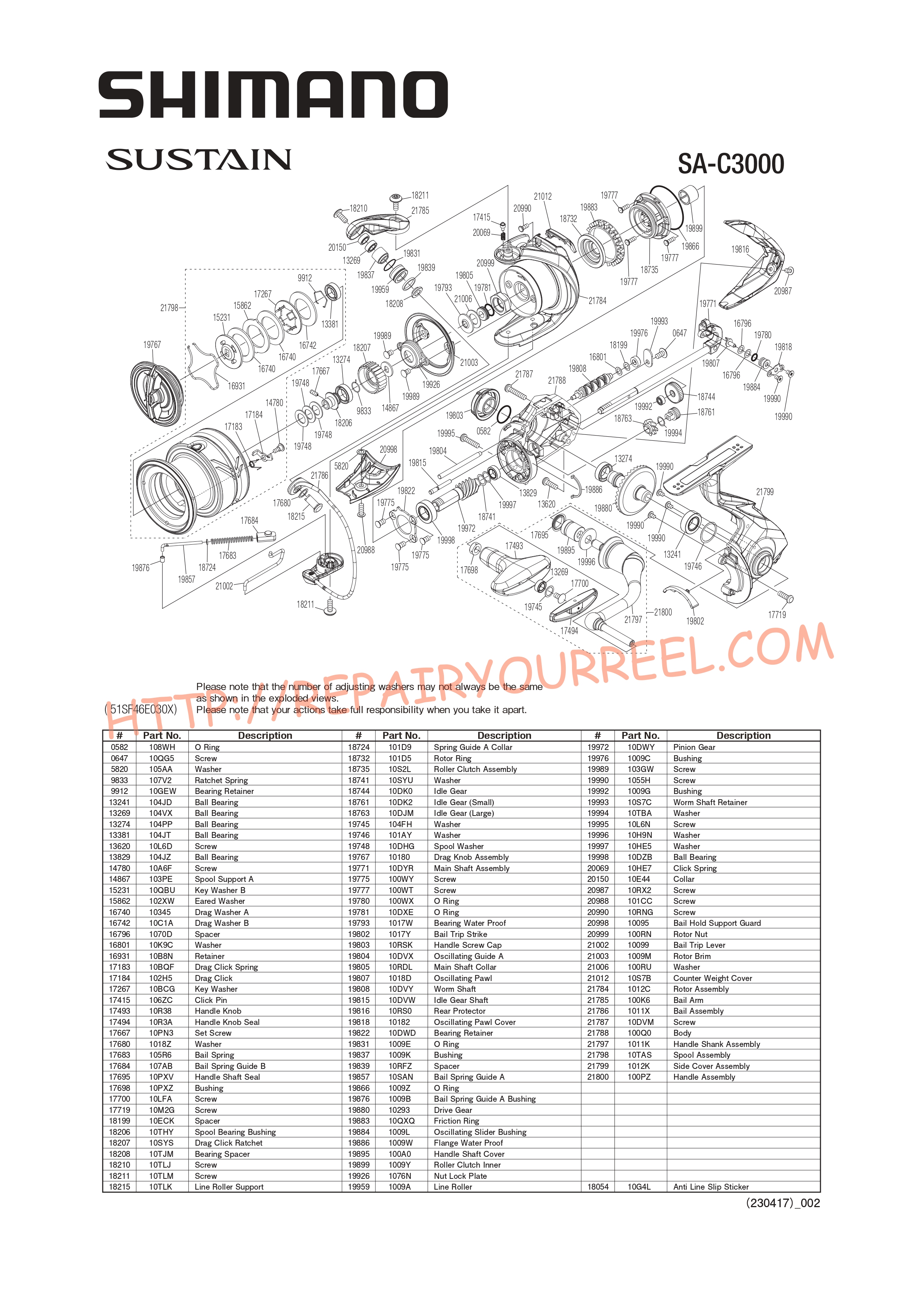 Exploded view of Shimano SUSTAIN C3000FJ (2021)