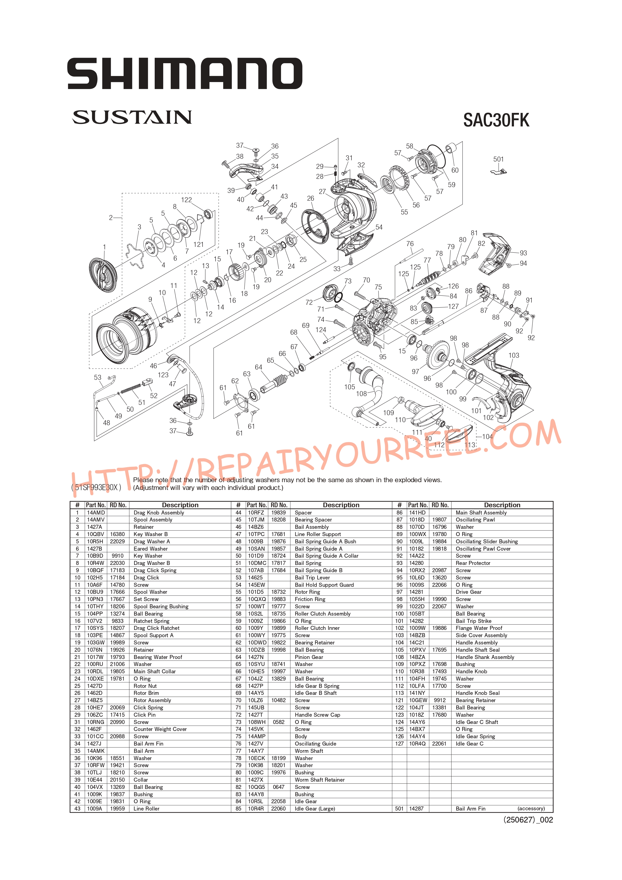 Exploded view of Shimano SUSTAIN C3000FK (2025)