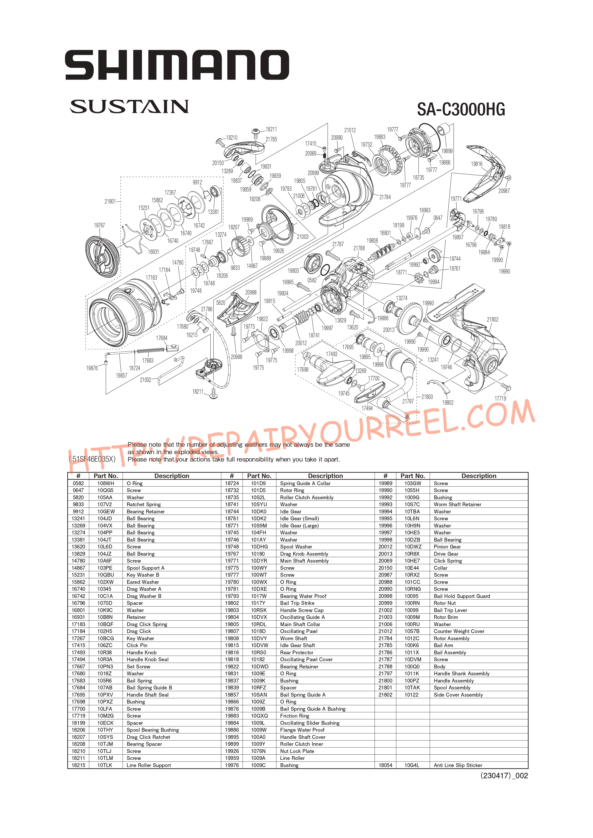 Exploded view of Shimano SUSTAIN C3000HGFJ (2021)
