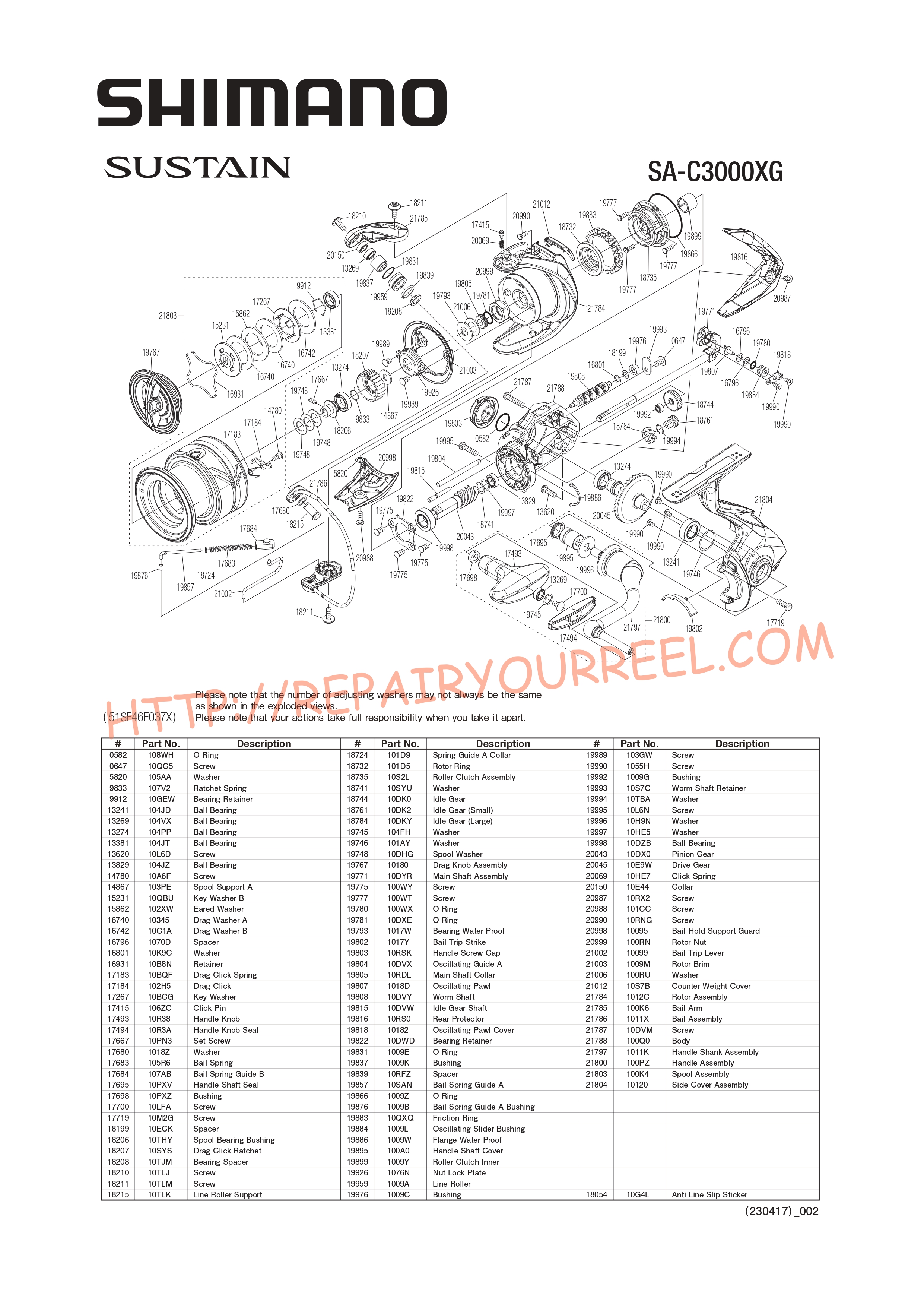 Exploded view of Shimano SUSTAIN C3000XGFJ (2021)