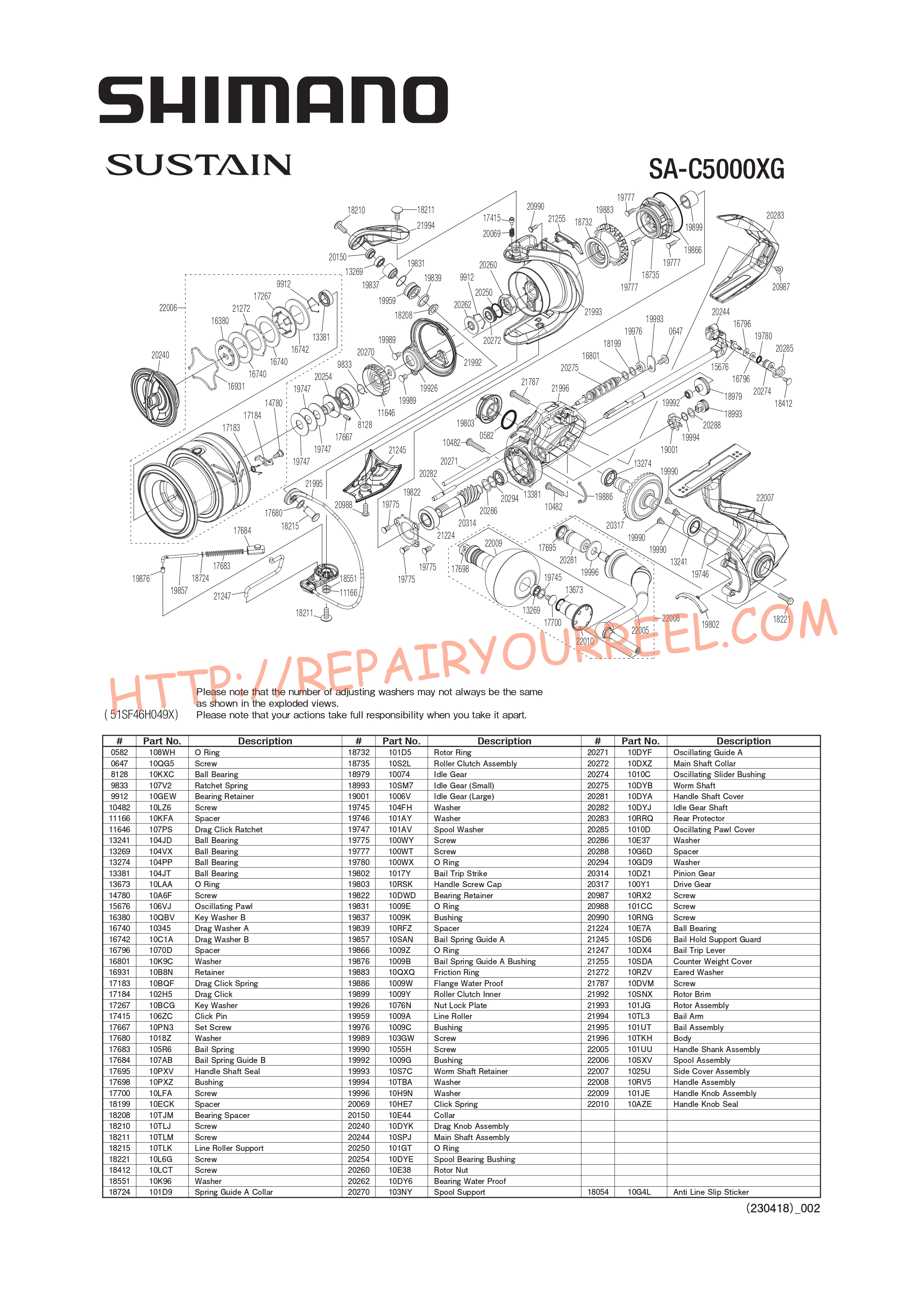 Exploded view of Shimano SUSTAIN C5000XGFJ (2021)