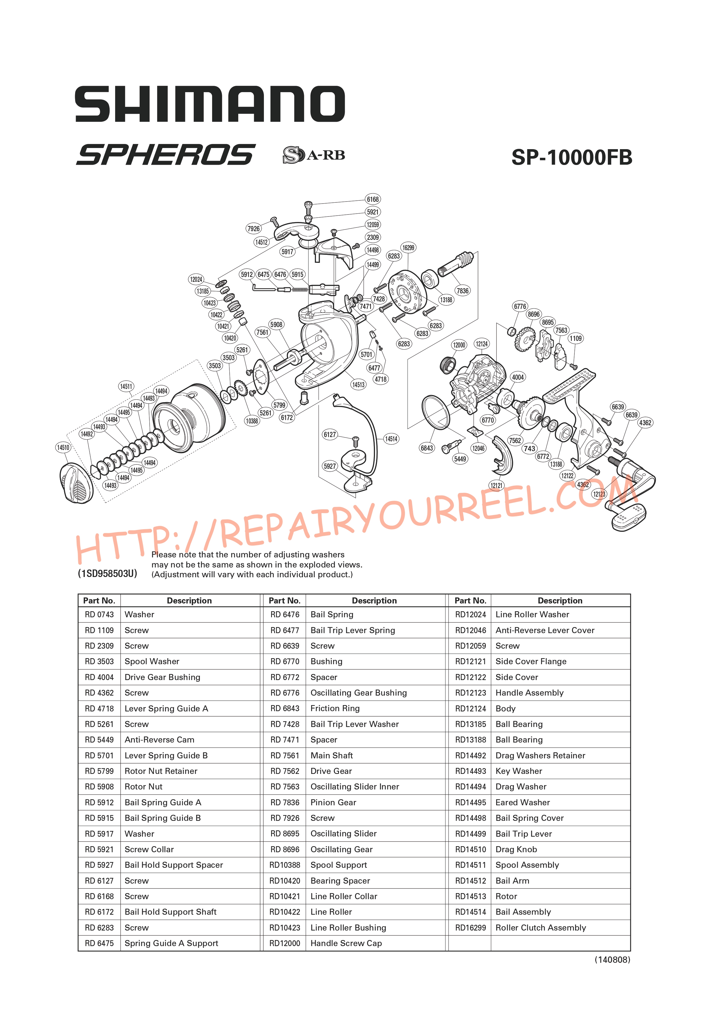 Exploded view of Shimano SPHEROS 10000FB (2011)