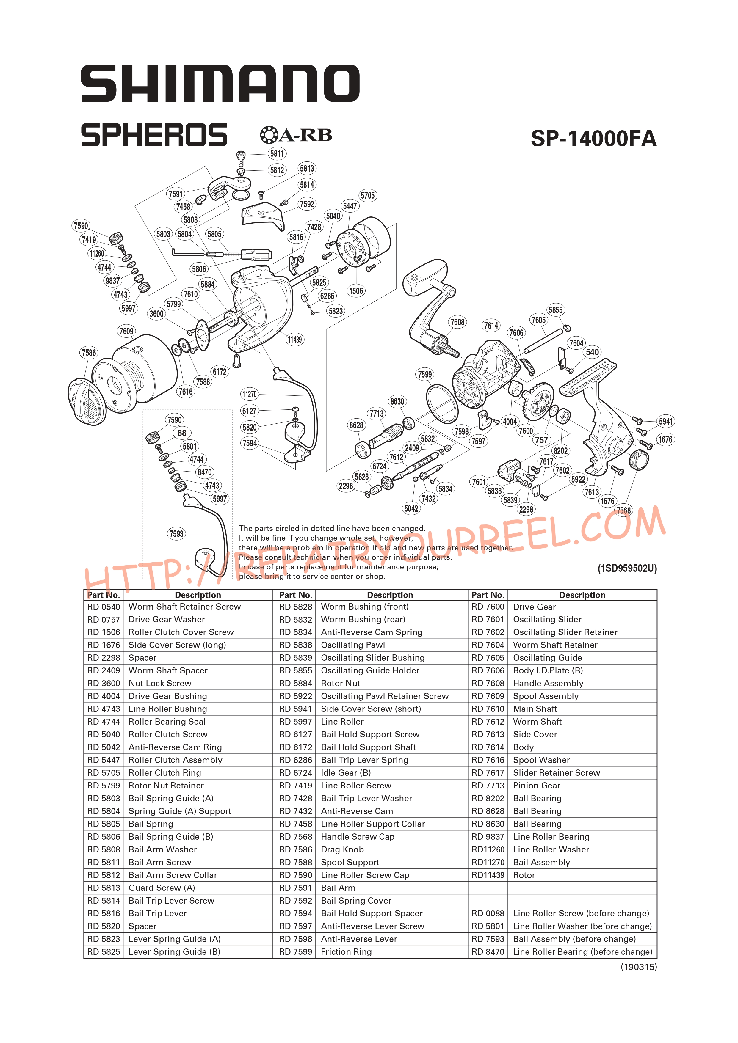 Exploded view of Shimano SPHEROS 14000FA (2002)