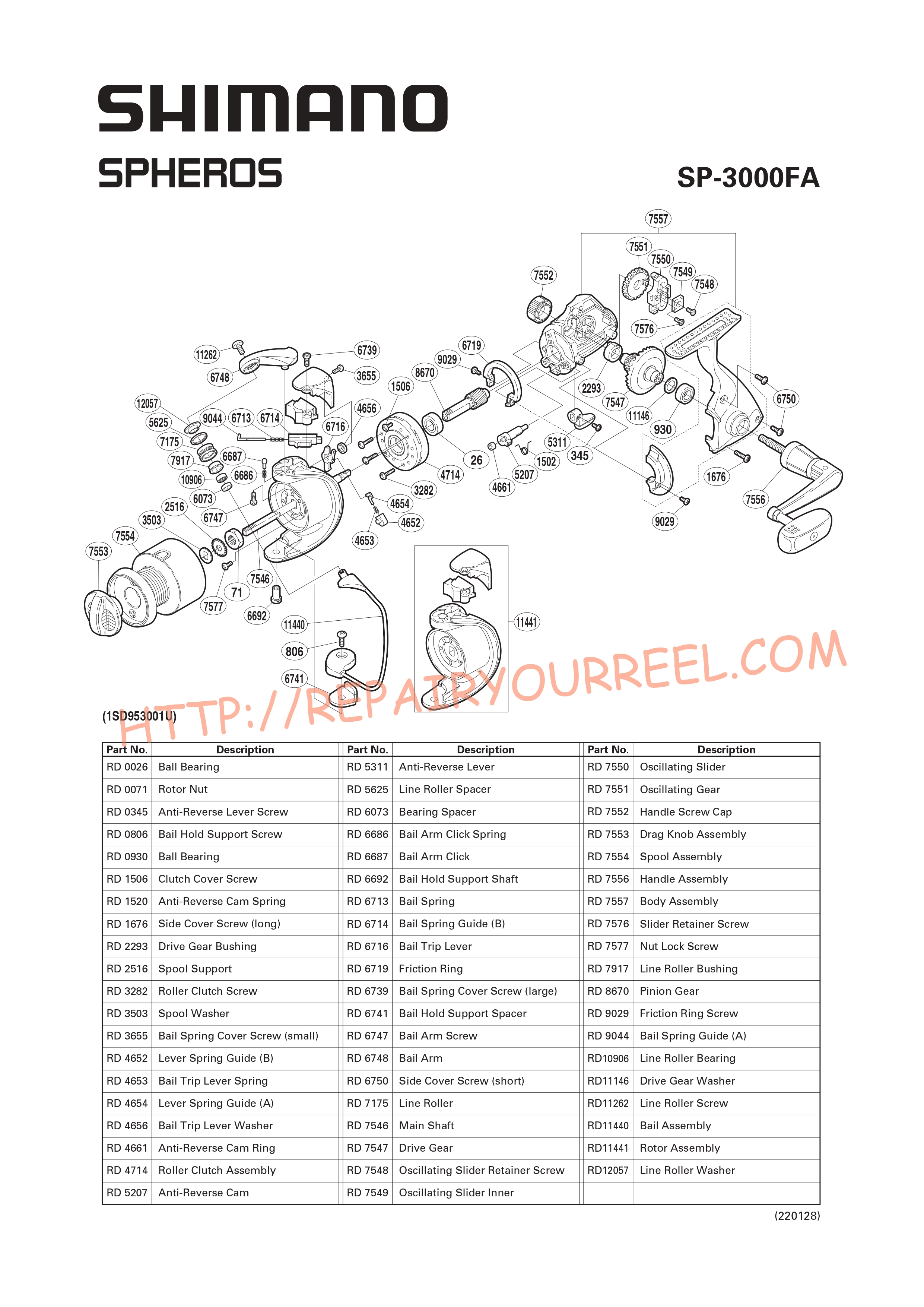 Exploded view of Shimano SPHEROS 3000FA (2002)