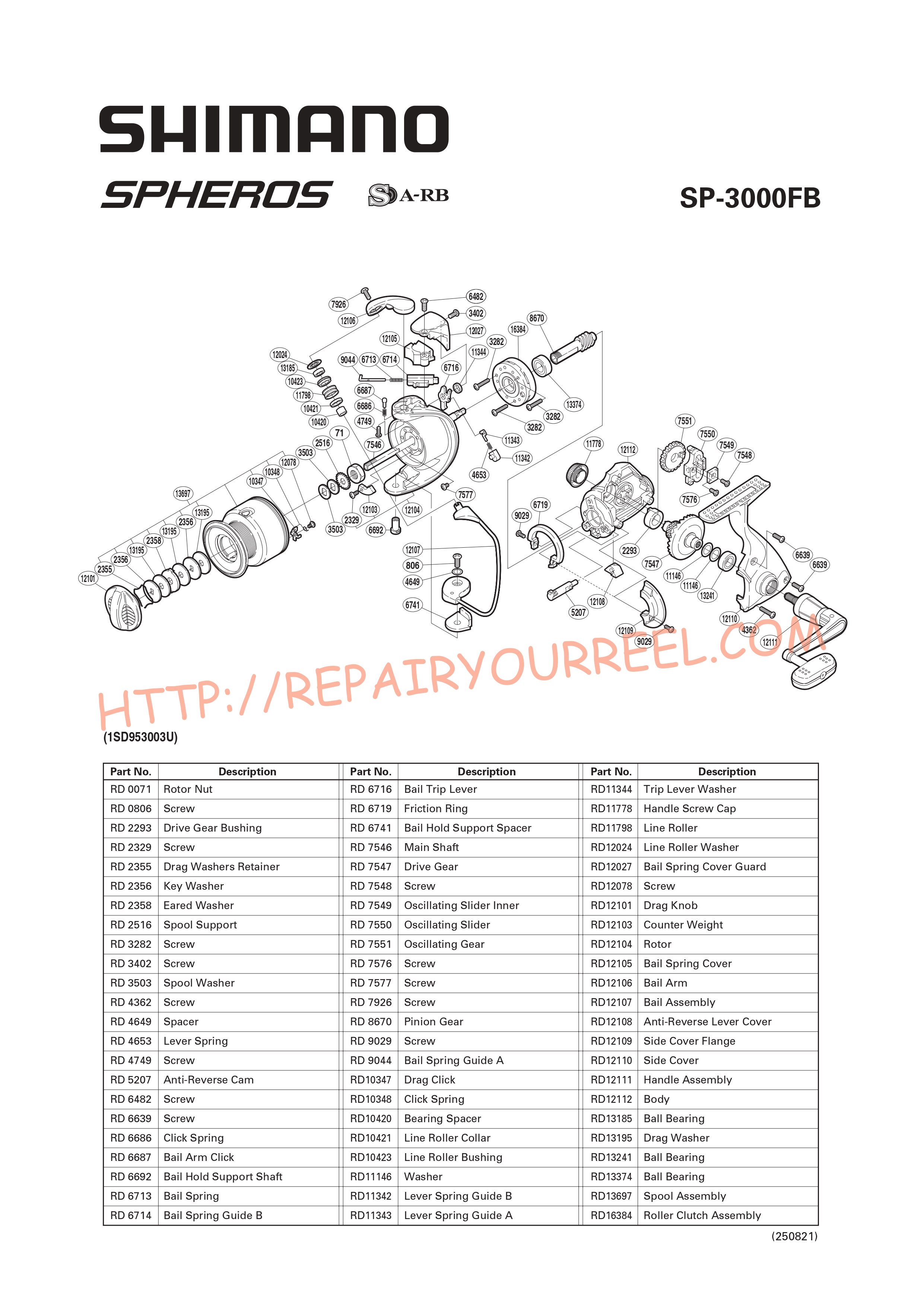 Exploded view of Shimano SPHEROS 3000FB (2008)