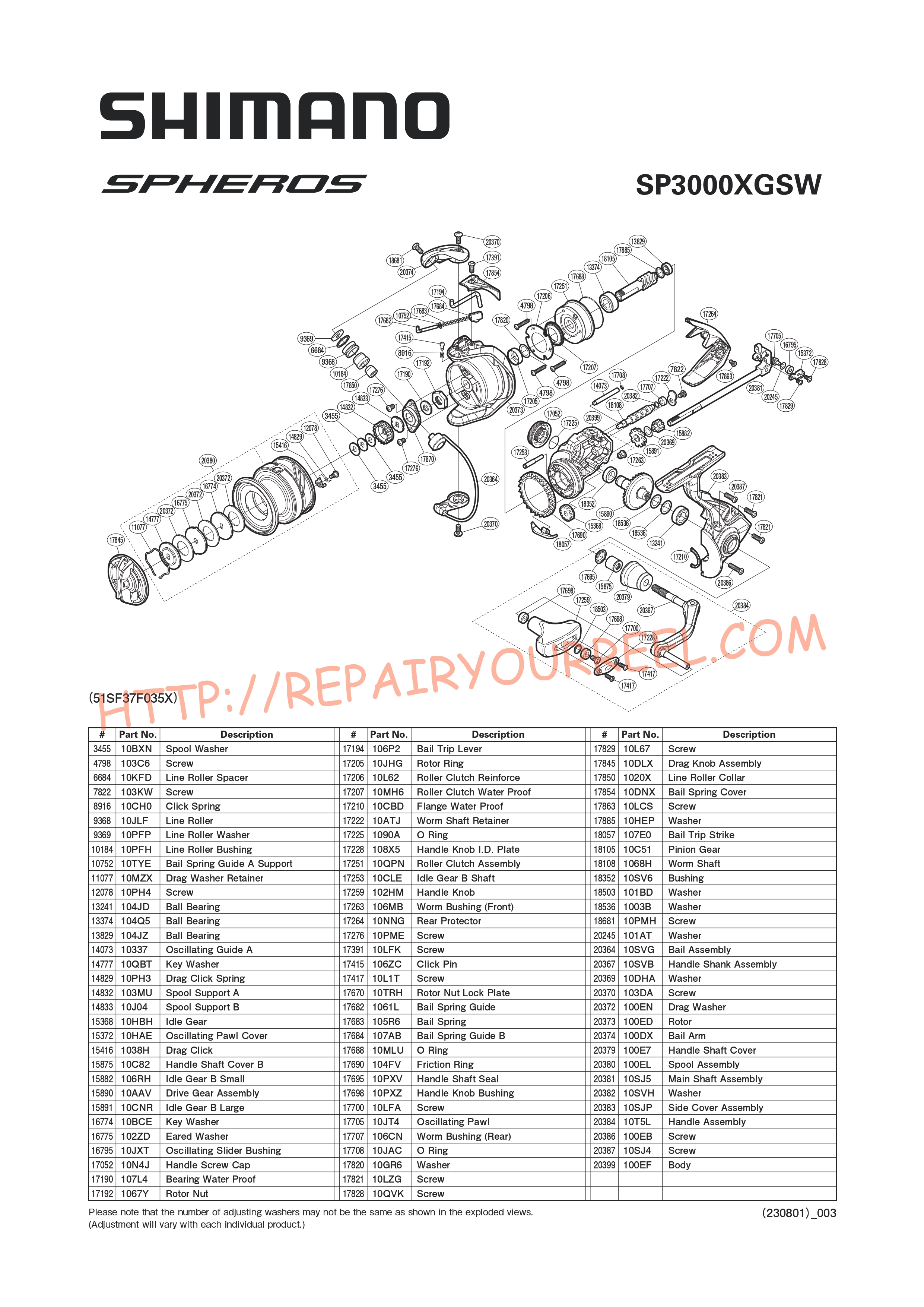 Exploded view of Shimano SPHEROS 3000XGSW