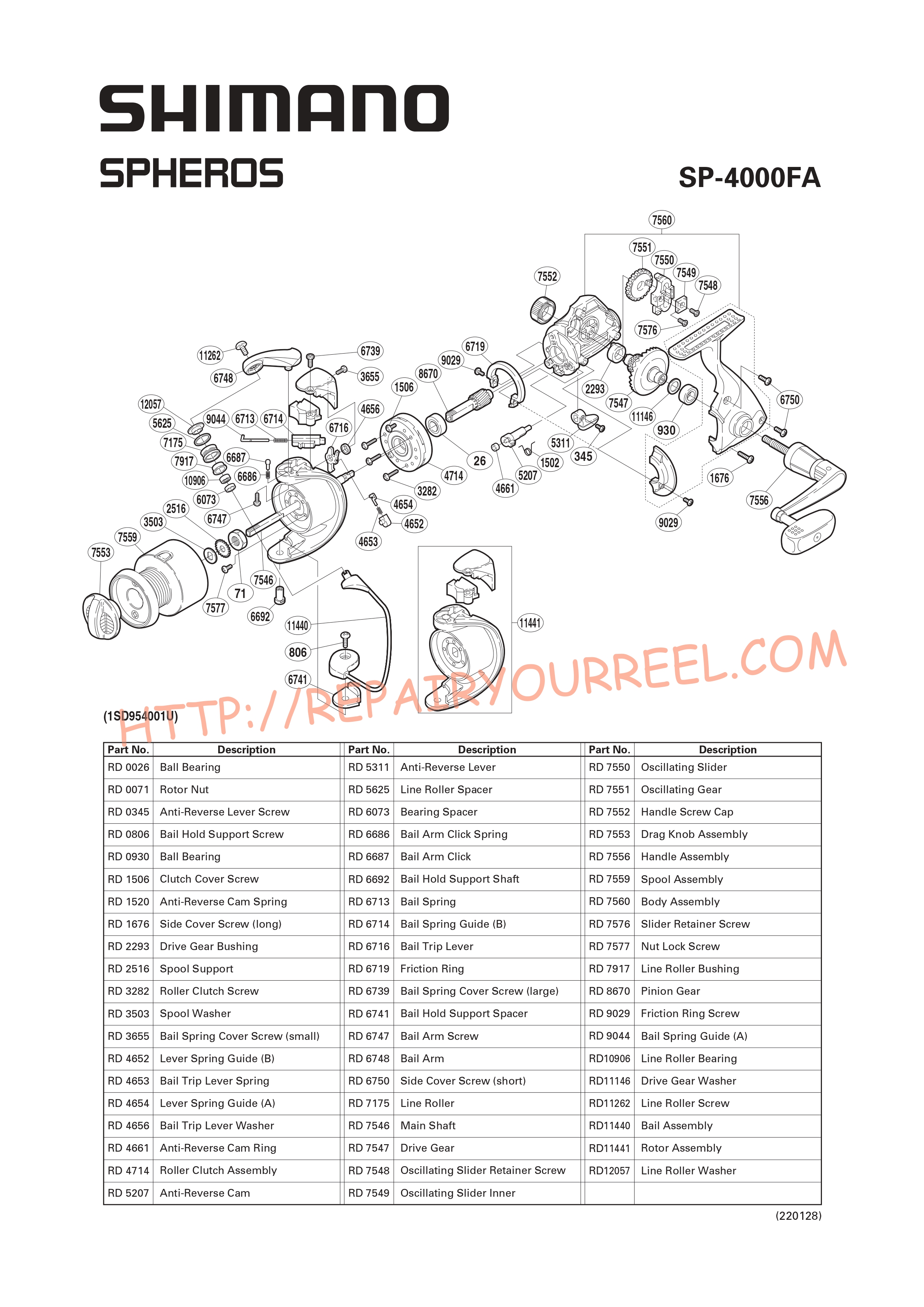 Exploded view of Shimano SPHEROS 4000FA (2002)