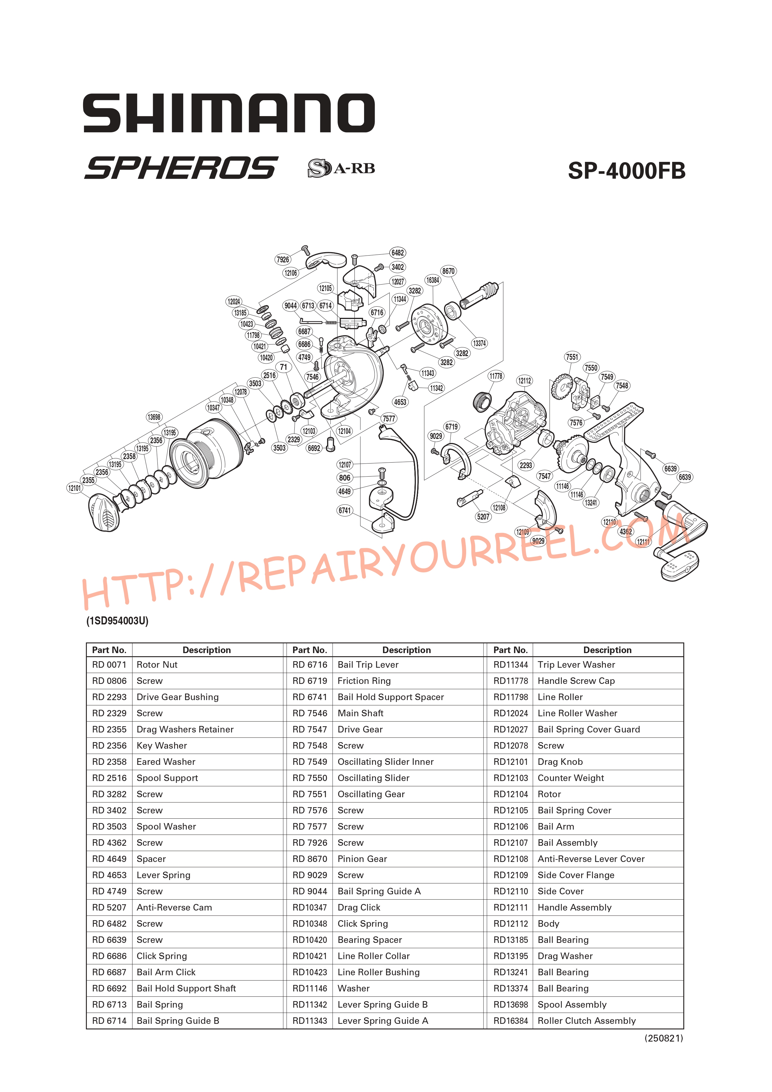 Exploded view of Shimano SPHEROS 4000FB (2008)