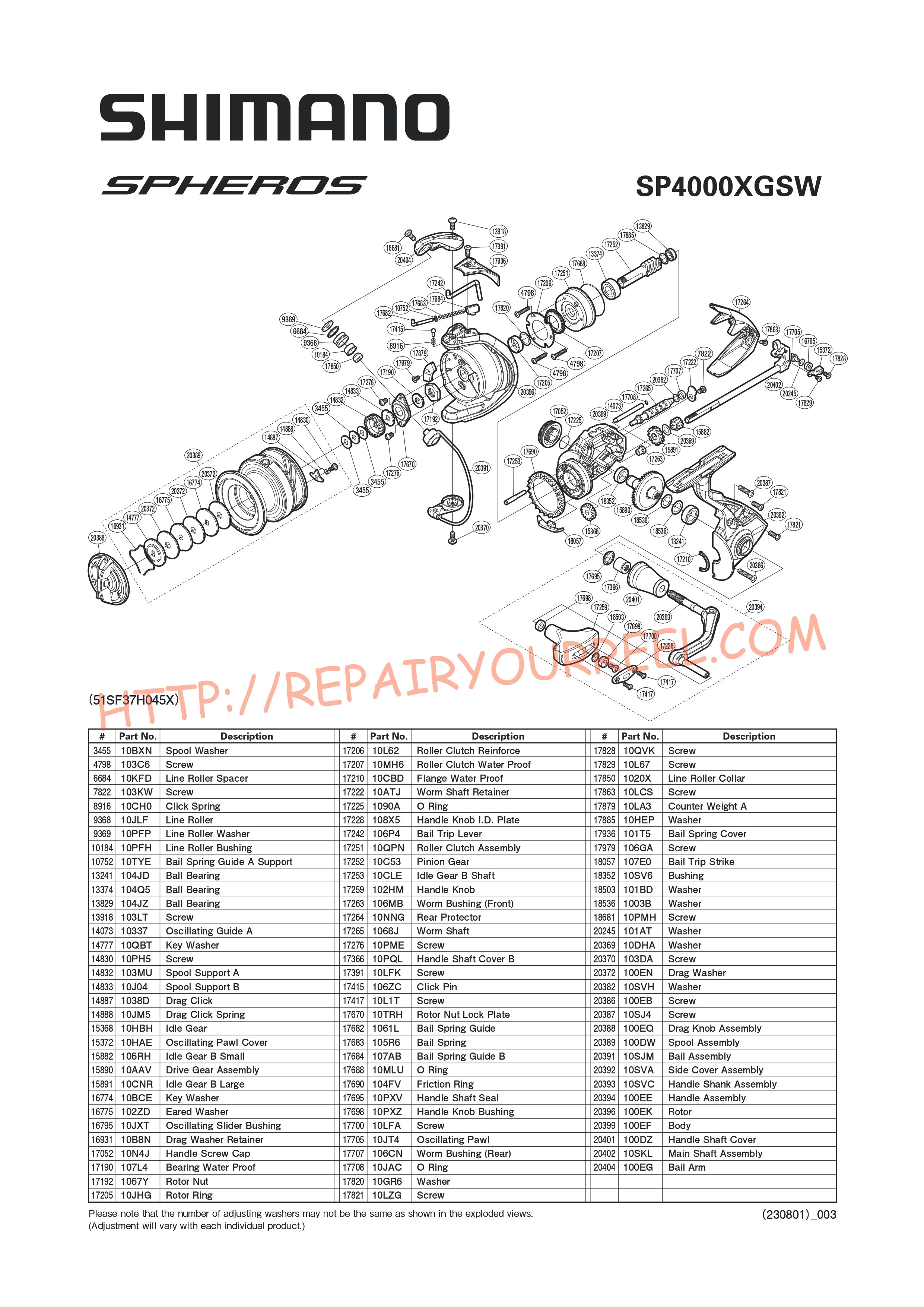 Exploded view of Shimano SPHEROS 4000XGSW